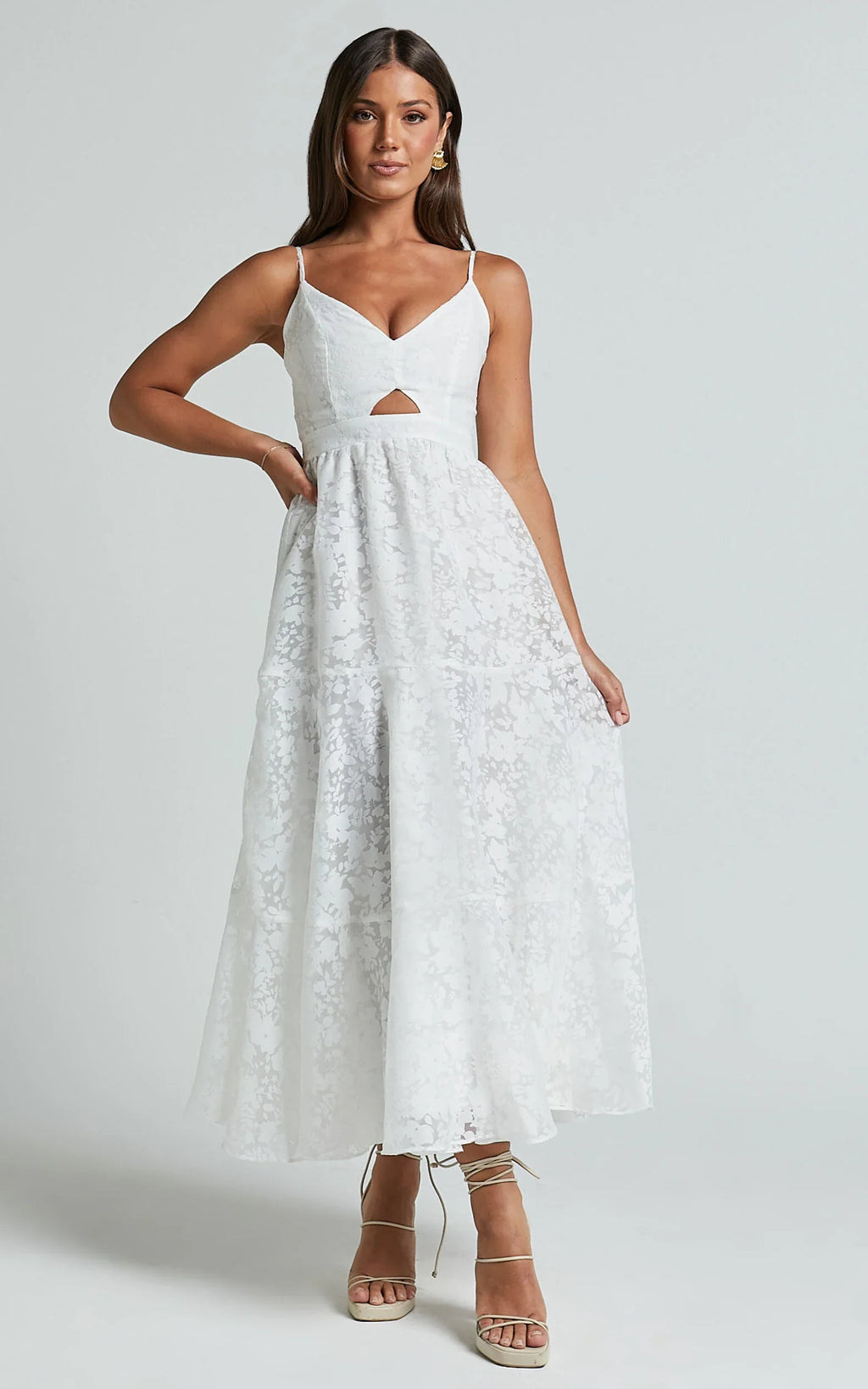 Jorie Midi Dress - Strappy Front Cut Out Tiered Skirt in White