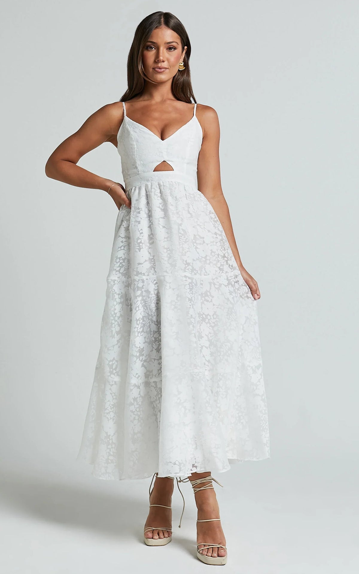 Jorie Midi Dress - Strappy Front Cut Out Tiered Skirt in White