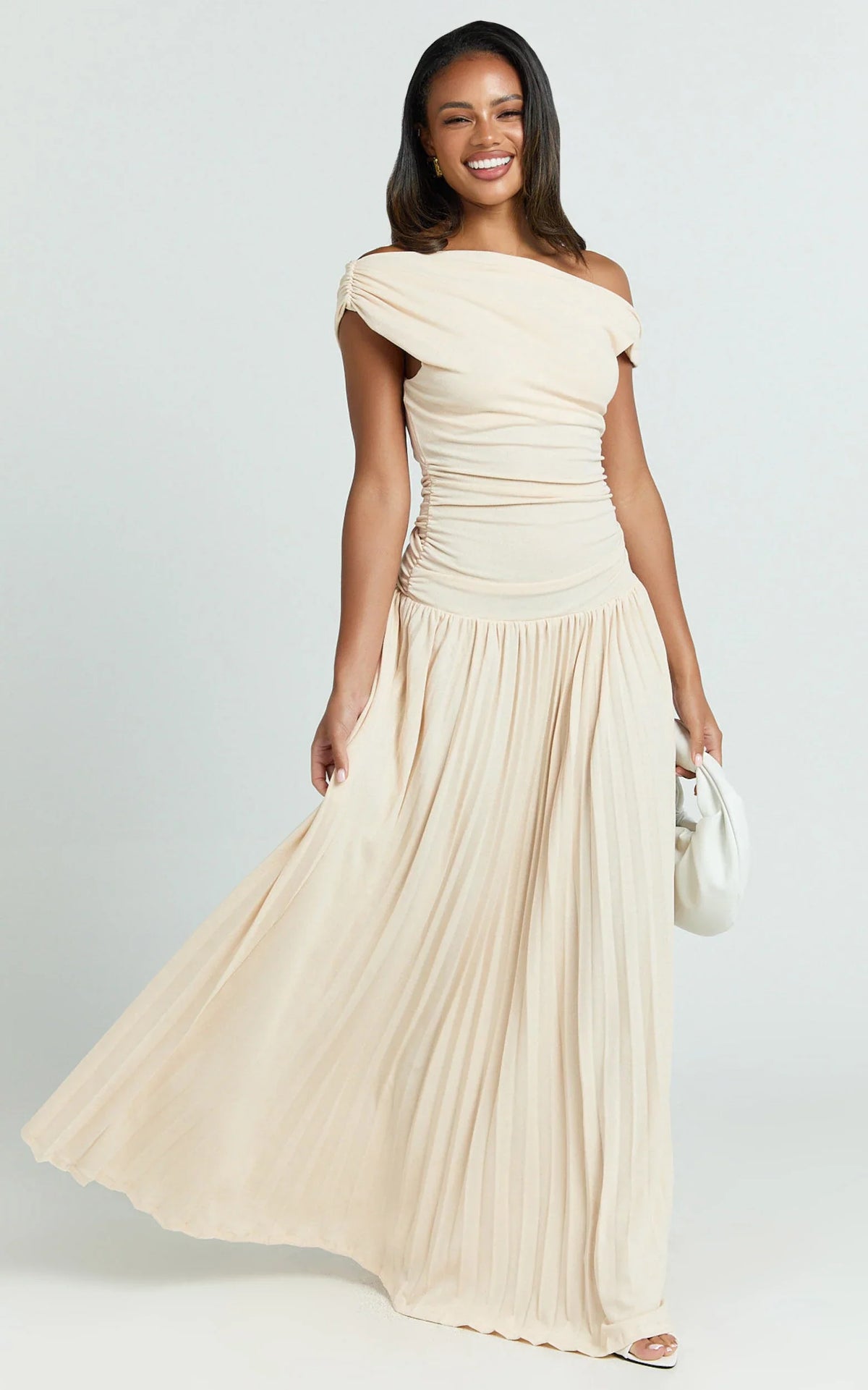 Yvonne Maxi Dress - Jersey Tip Shoulder Ruched Dress in Off White