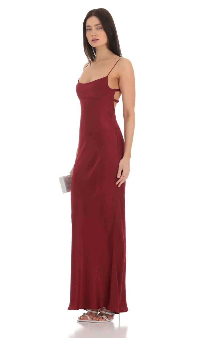 Satin Open Back Maxi Dress in Red