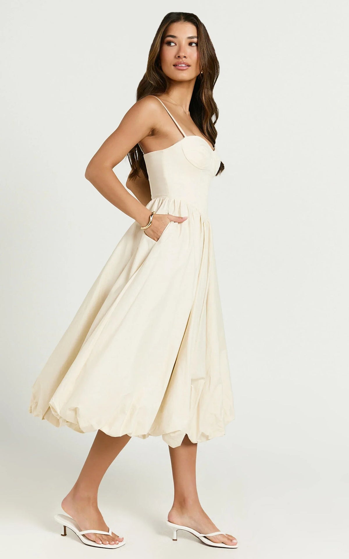 Kara Midi Dress - Strapped Bustier Bubble Hem Dress in Cream
