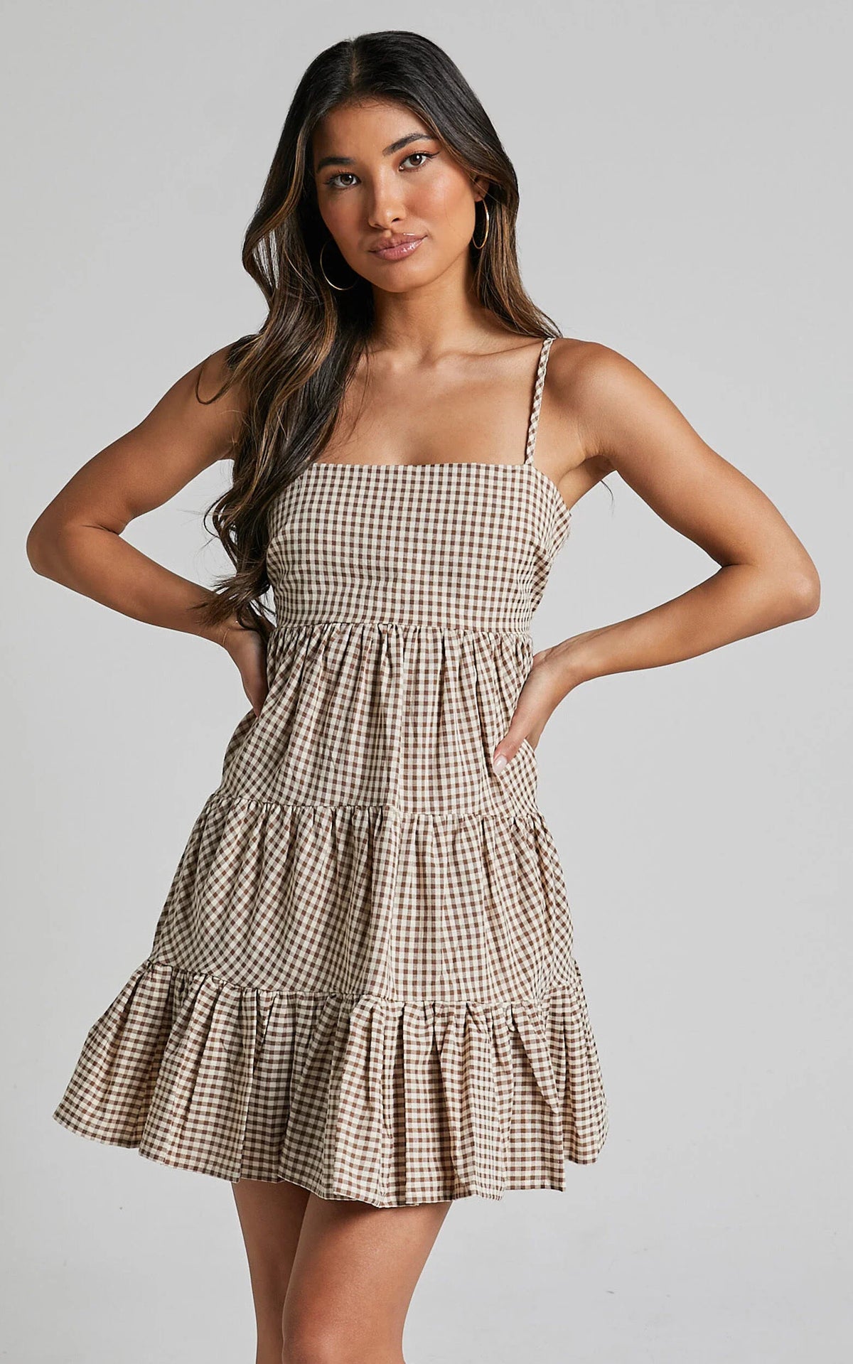 Lorelle Mini Dress - Straight Neck Tiered Dress in Brown Check Gingham