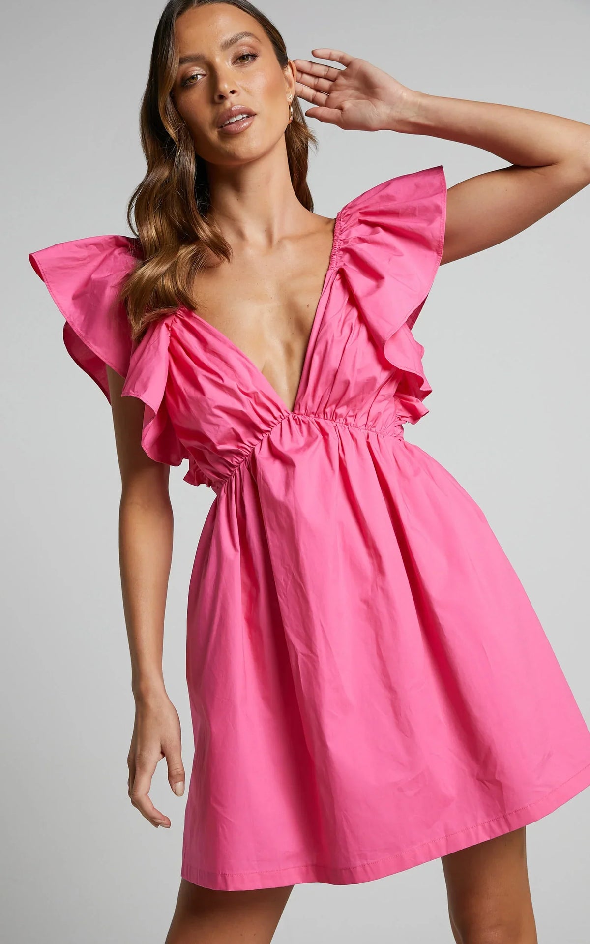 Raiza Mini Dress - Ruffle Sleeve Tie Back Plunge Dress in Fuchsia