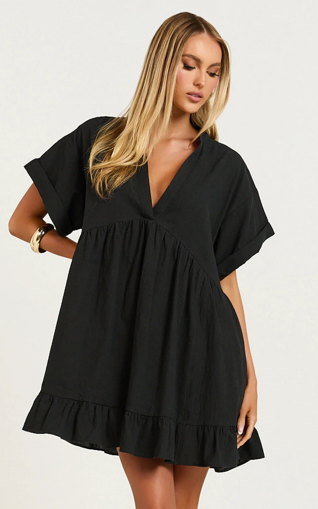Calissa Mini Dress - Frill Hem Smock Dress in Black