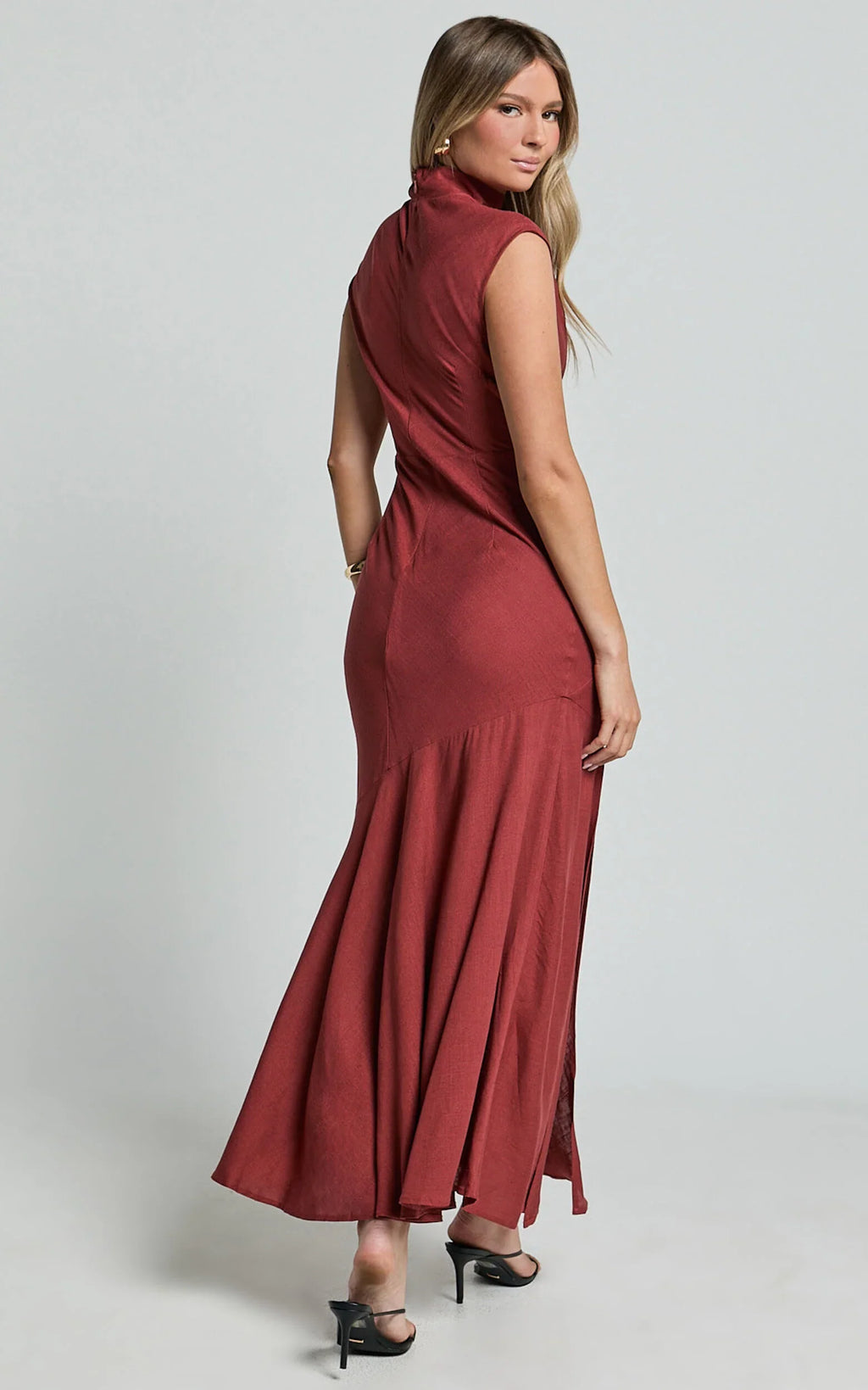 Arielle Maxi Linen Dress - High Neck Thigh Split Slip Dress in Rust