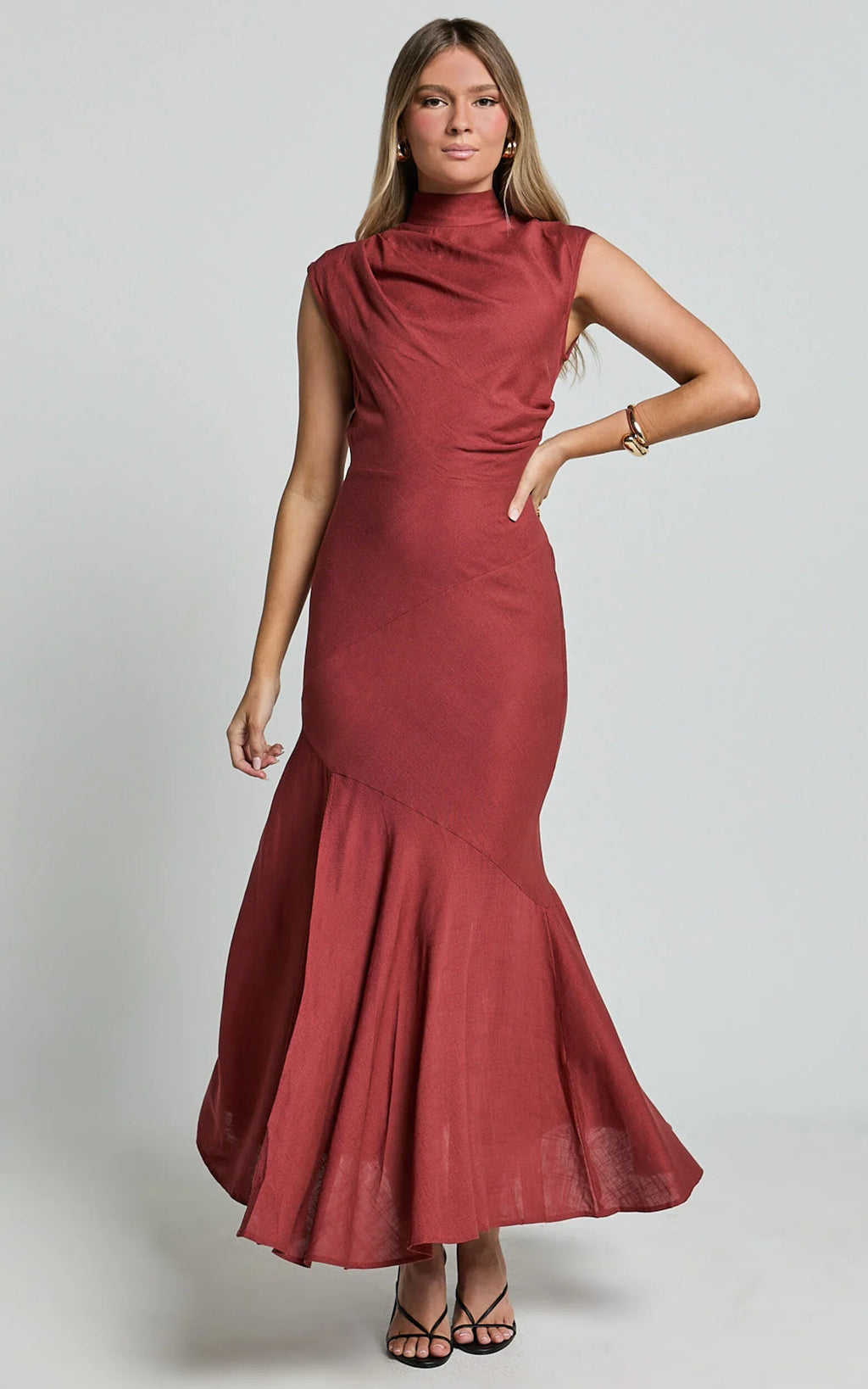 Arielle Maxi Linen Dress - High Neck Thigh Split Slip Dress in Rust