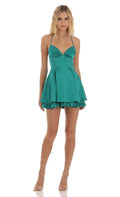 Satin Flare Dress in Green