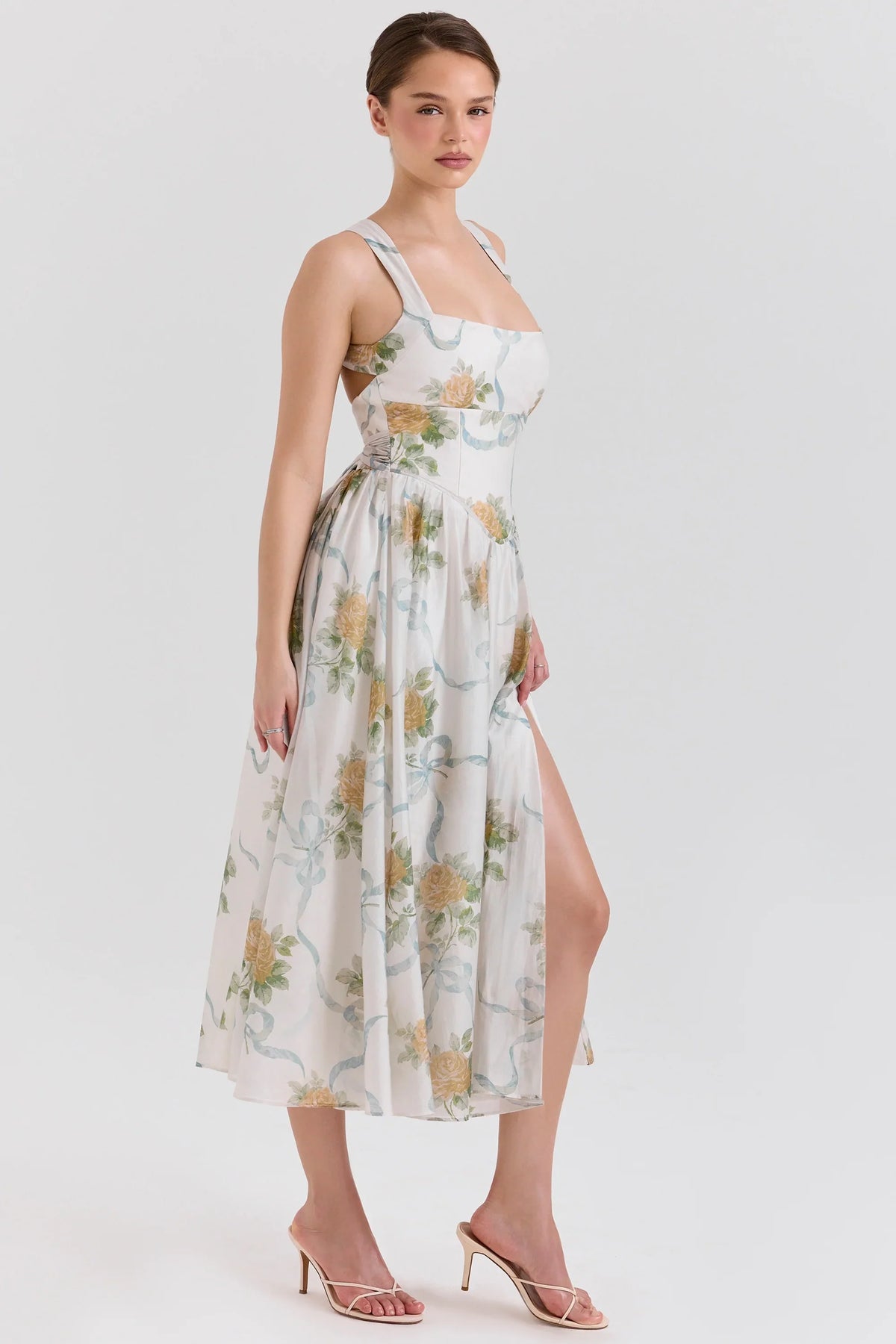 Soft Blue Vintage Ribbon Print Chiffon Midi Dress
