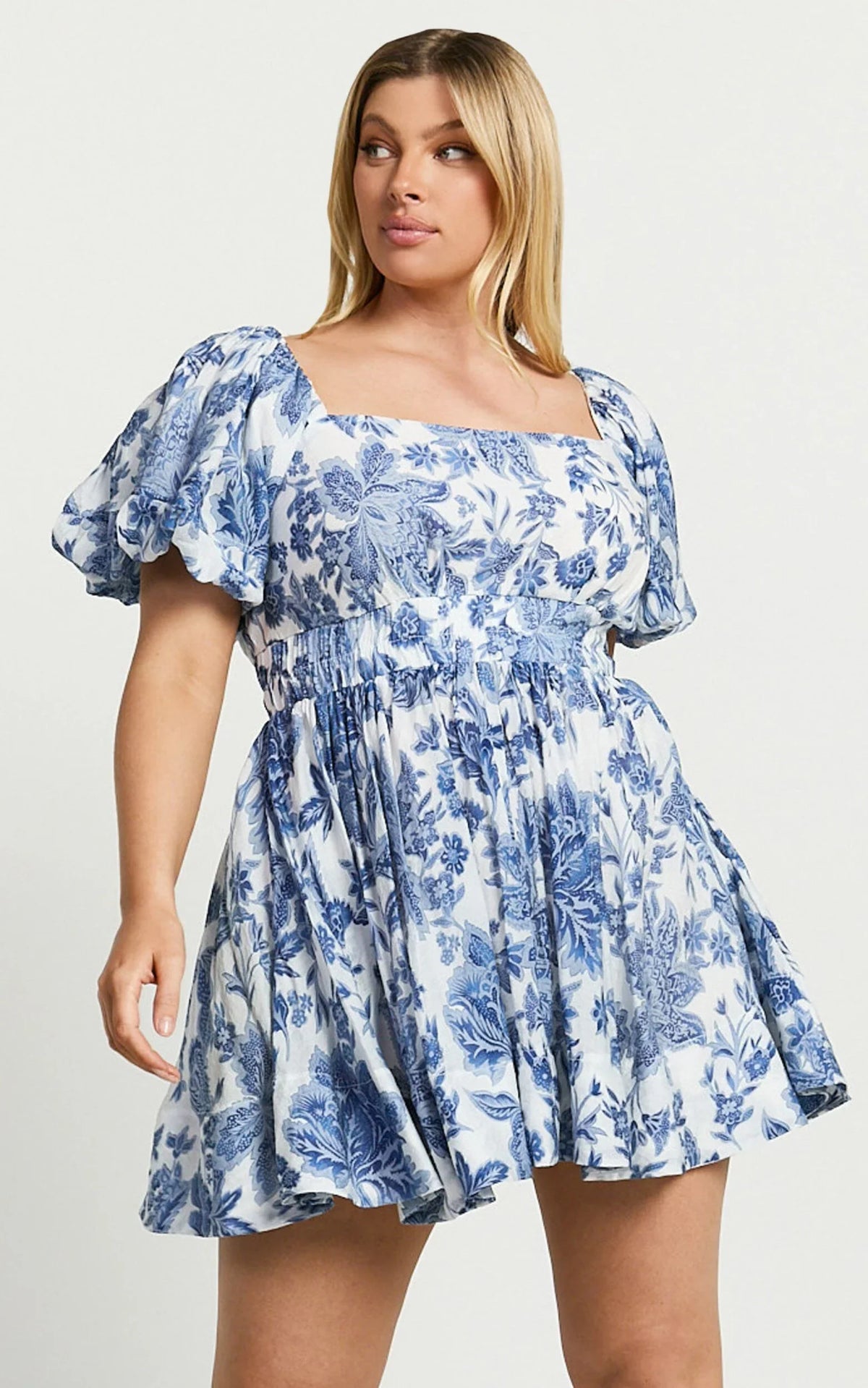 Mira Mini Dress - Square Neck Balloon Sleeve Dress in Blue Floral