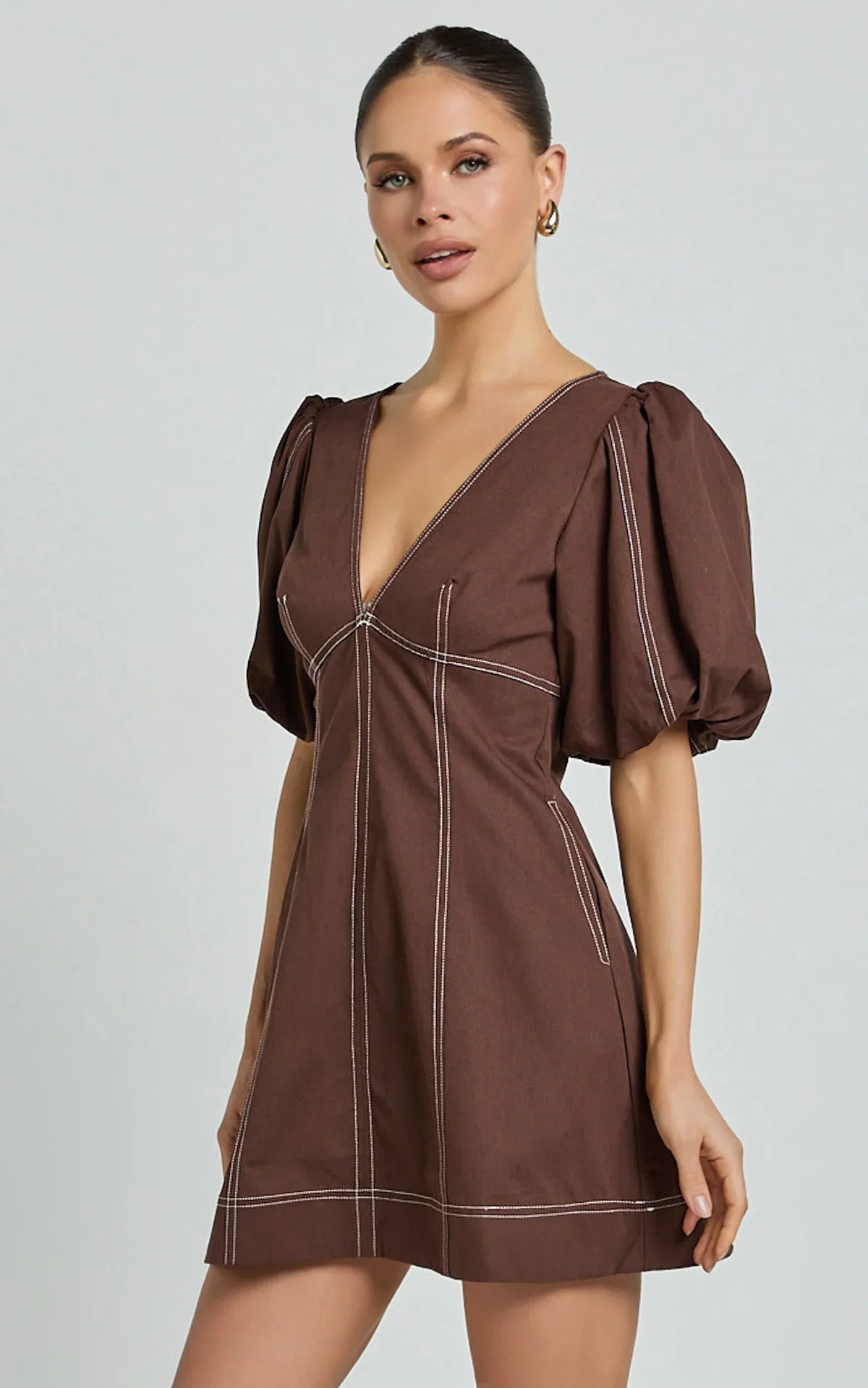 Tallie Mini Dress - Linen Puff Sleeve A Line Dress in Chocolate