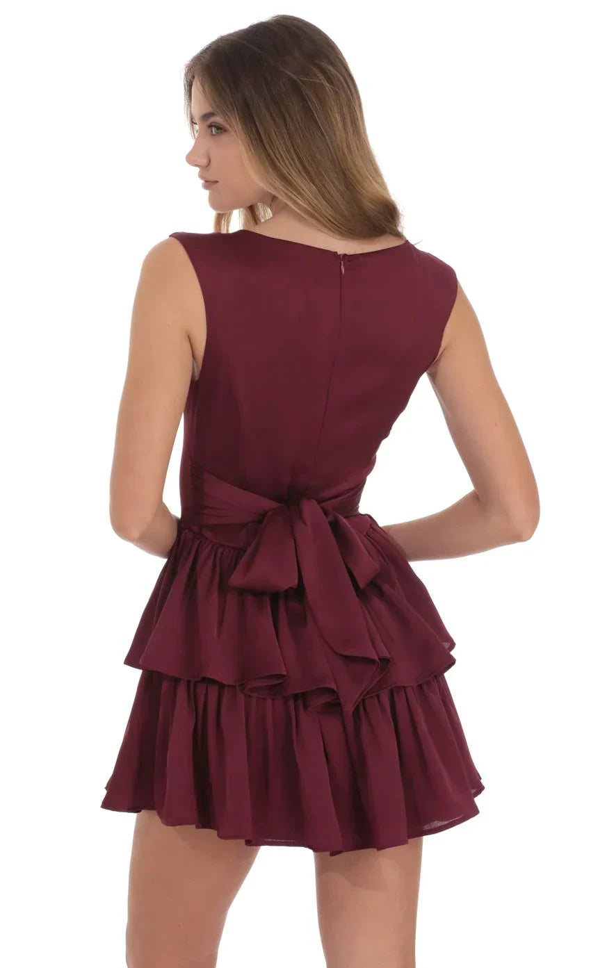 Wide Strap Ruffle Dress in Burgundy