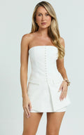 Monroe Two Piece Set - Strapless Button Down Longline Vest Top and High Waisted Mini Skirt in Cream