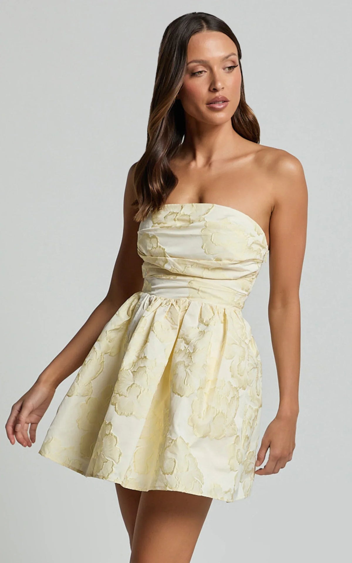 Laure Mini Dress - Strapless Jacquard Dress in Lemon