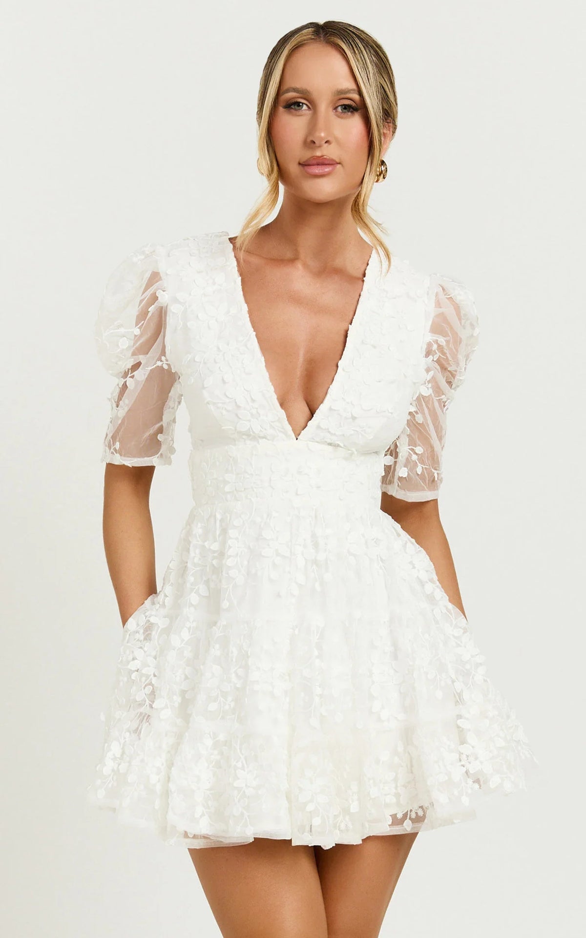 Pamela Mini Dress - Embroidered Plunge Tiered Dress in White