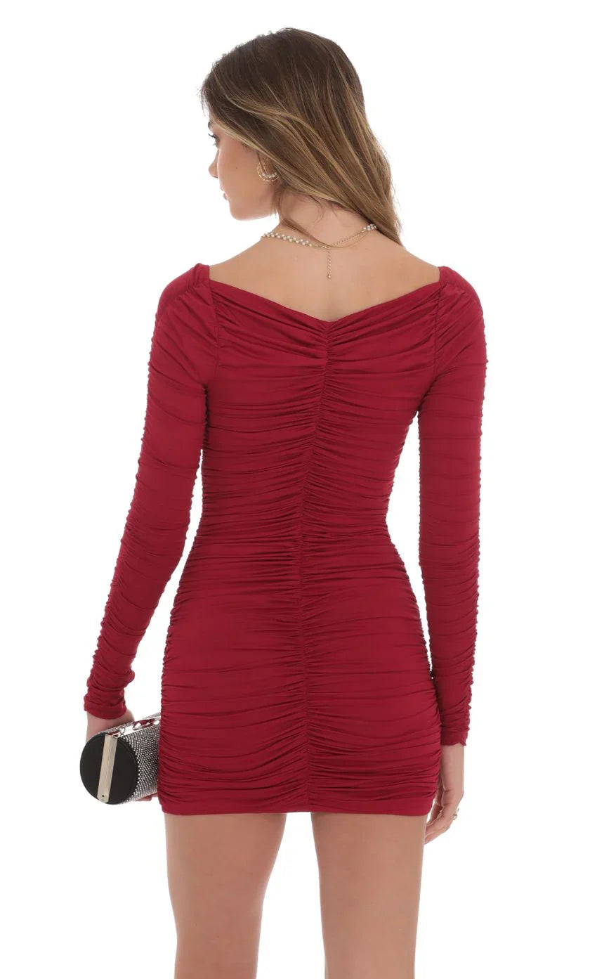 Ruched Long Sleeve Bodycon Dress in Maroon
