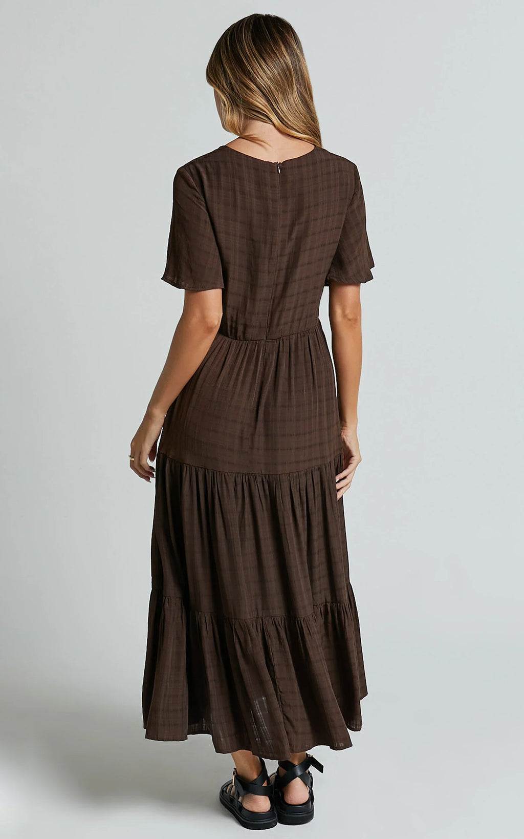 Cryzel Midi Dress - Flutter Sleeve Tiered Dress in Chocolate