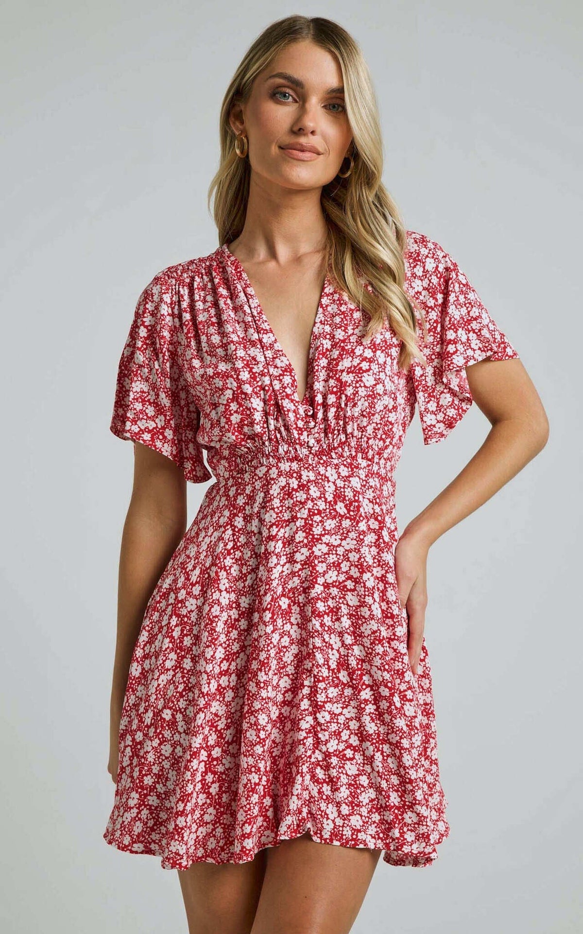 Kharry Mini Dress - Button Through Short Flutter Sleeve Waist Tie in Red Floral