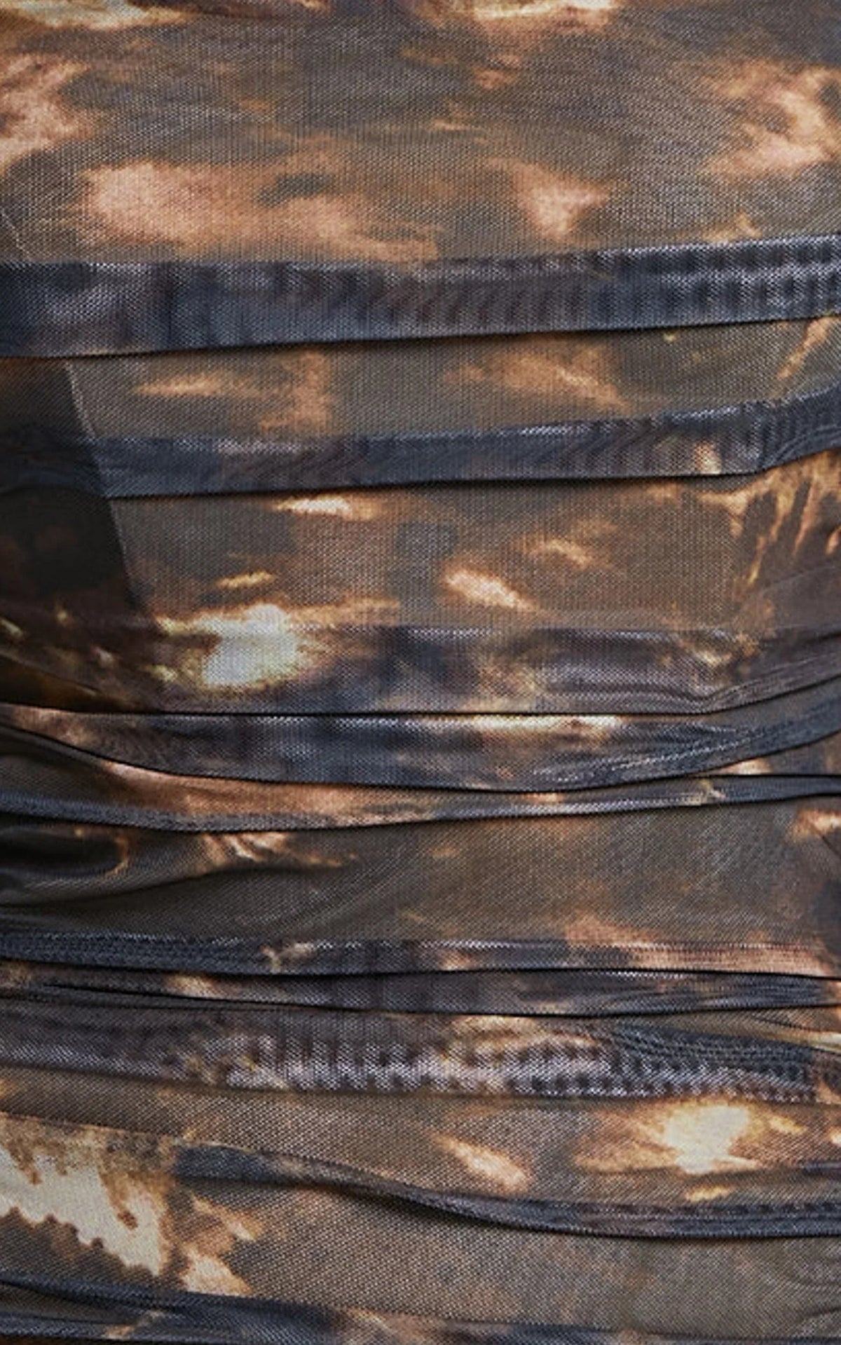 Ashlyn Midi Dress - Ruched Mesh Strapless Dress in Brown
