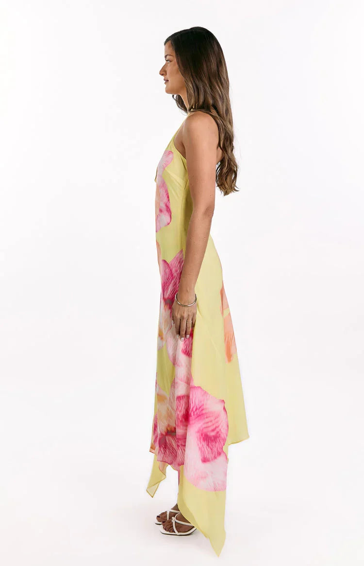 Elowen Yellow Hibiscus Floral Halter Maxi Dress