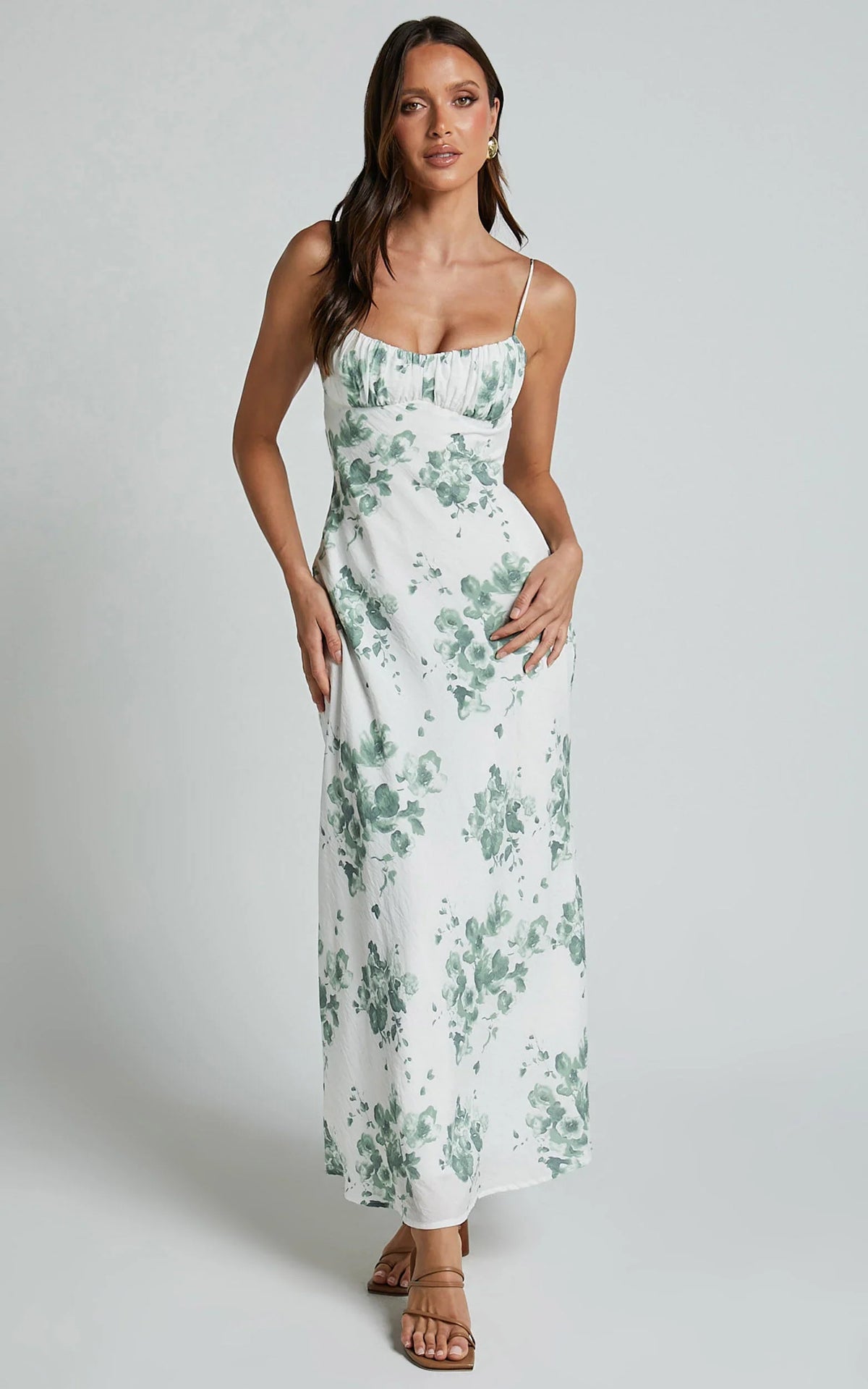 Bettina Midi Dress - Strappy Ruched Bust Slip Dress in Green and White Print