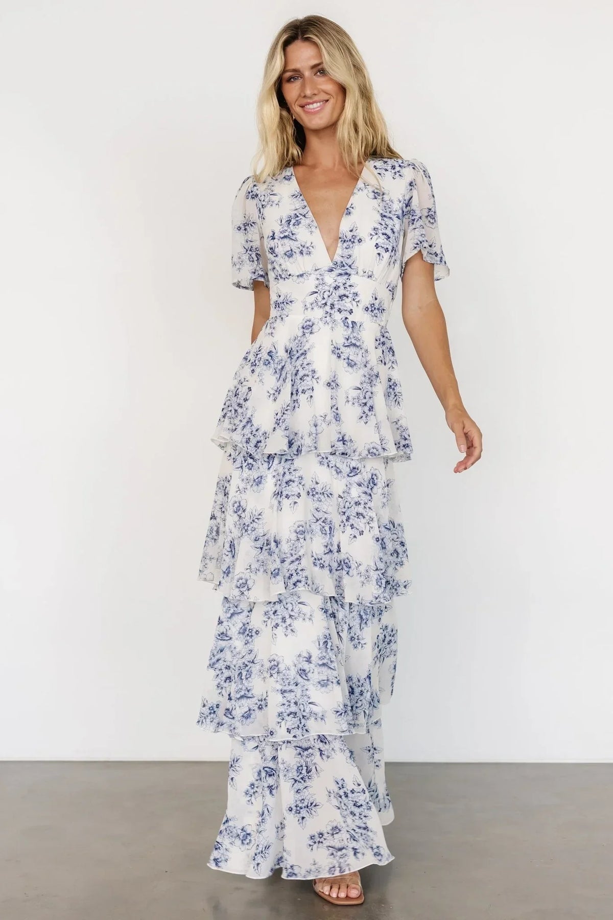 Montaigne Ruffle Maxi Dress | Off White + Blue