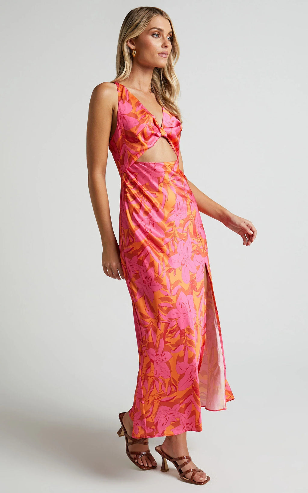 Tove Midi Dress - Twist Front Cut Out Satin Dress in Pink Floral