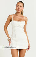 Gigi Mini Linen Blend Dress - Sweetheart Tie Back Scallop Detail Dress in Off White