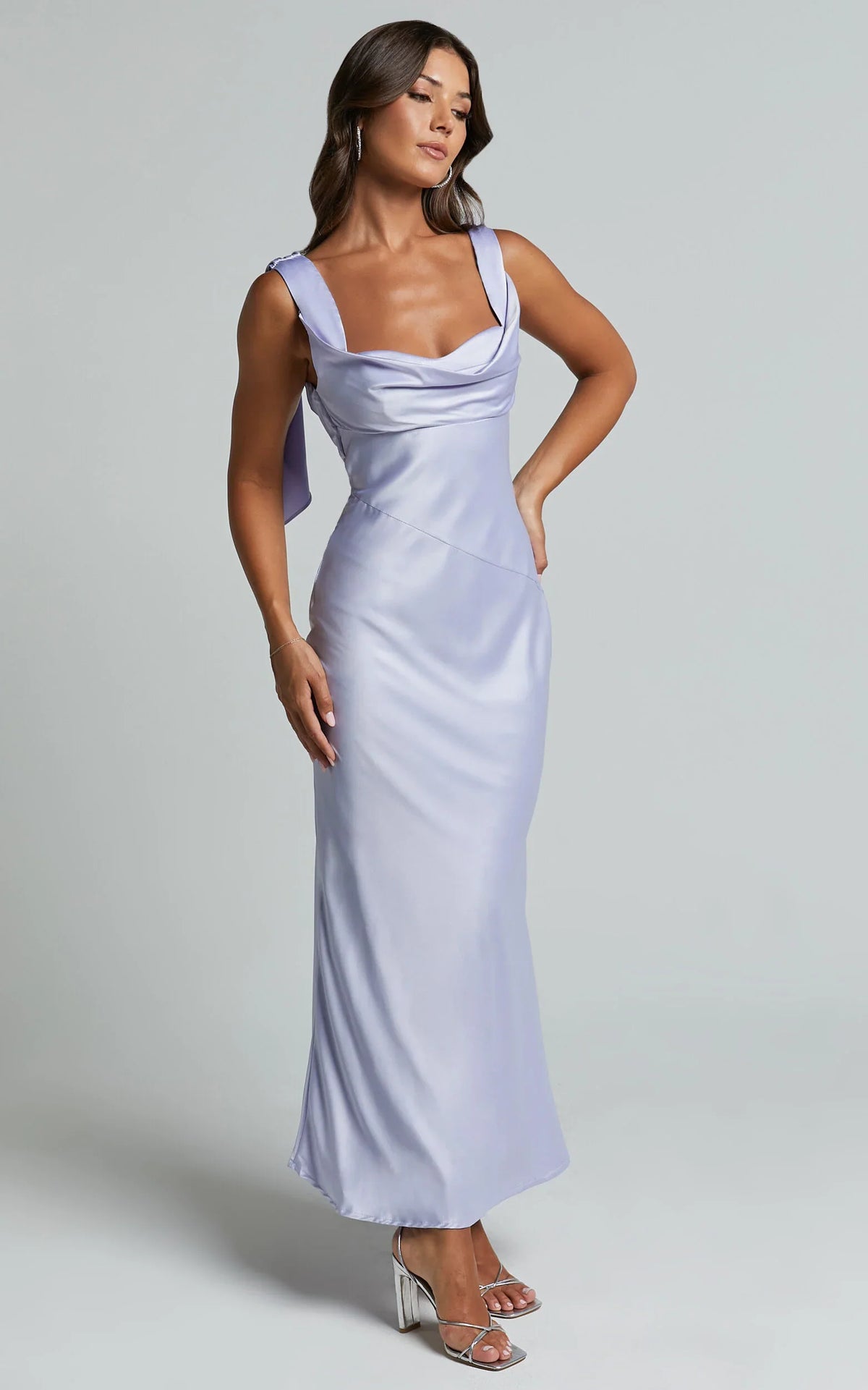 Cecilia Midi Dress - Cowl Neck Satin Bias Cut Dress in Lilac