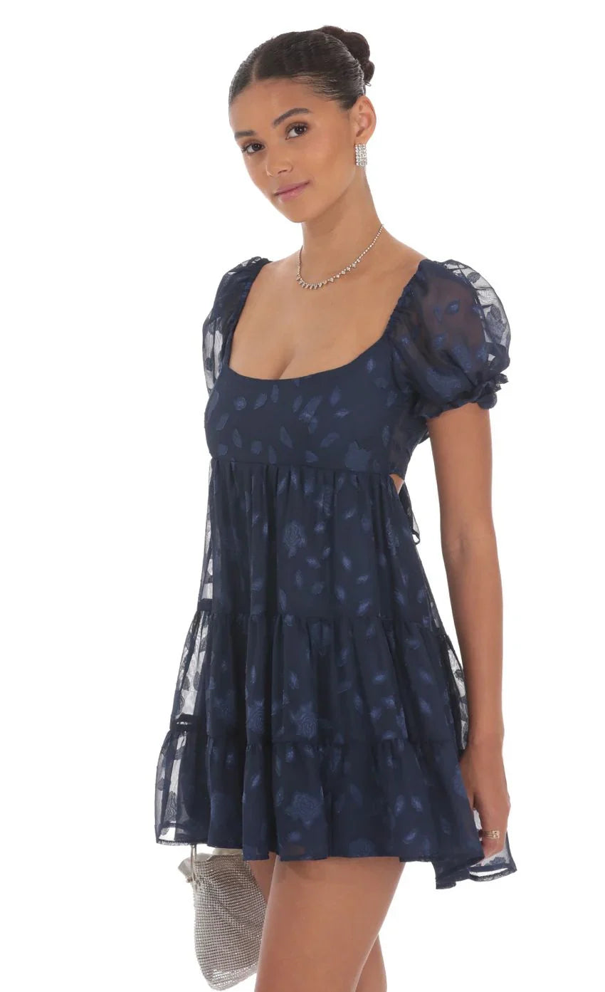 Floral Chiffon Fit and Flare Dress in Navy