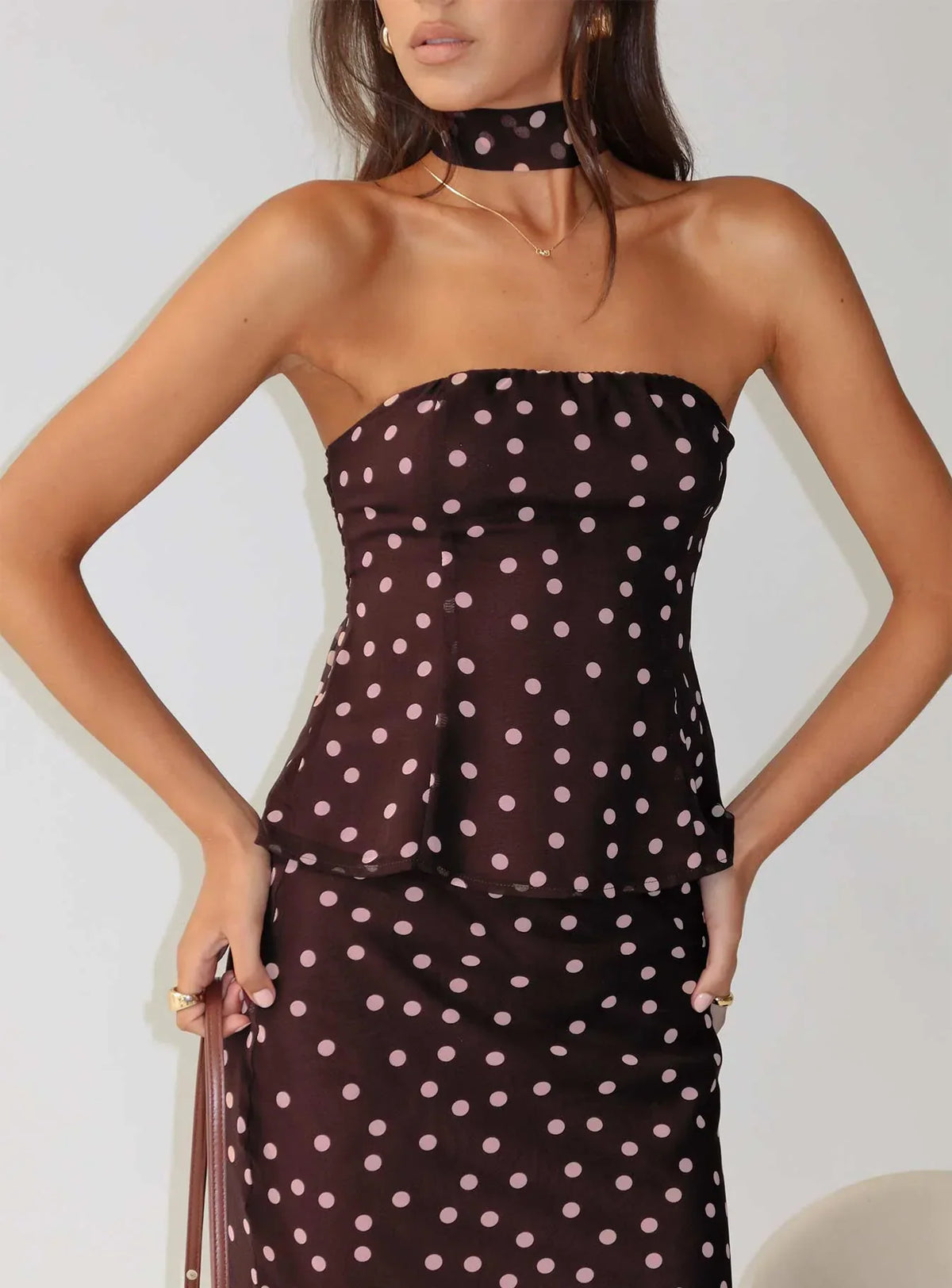 Sydni Scarf Detail Strapless Top Chocolate / Pink Polka Dot