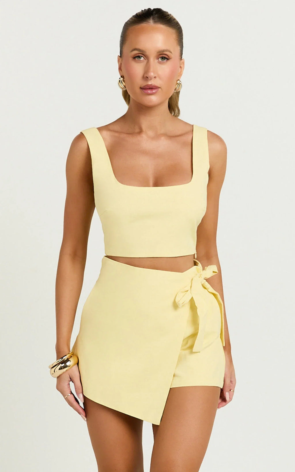 Polina Two Piece Set - Linen Square Neck Crop Top and Tie Waist Skort Set in Lemon