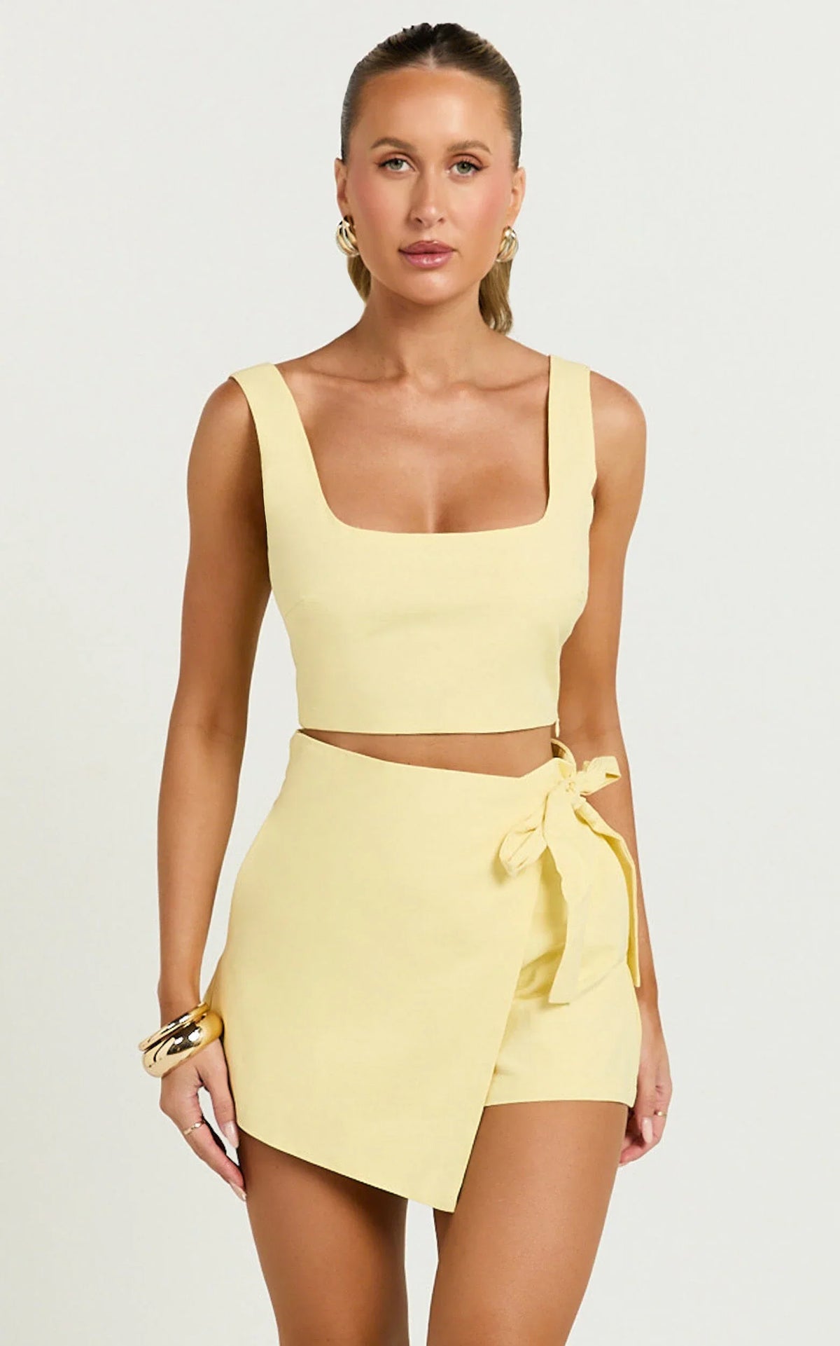 Polina Two Piece Set - Linen Square Neck Crop Top and Tie Waist Skort Set in Lemon