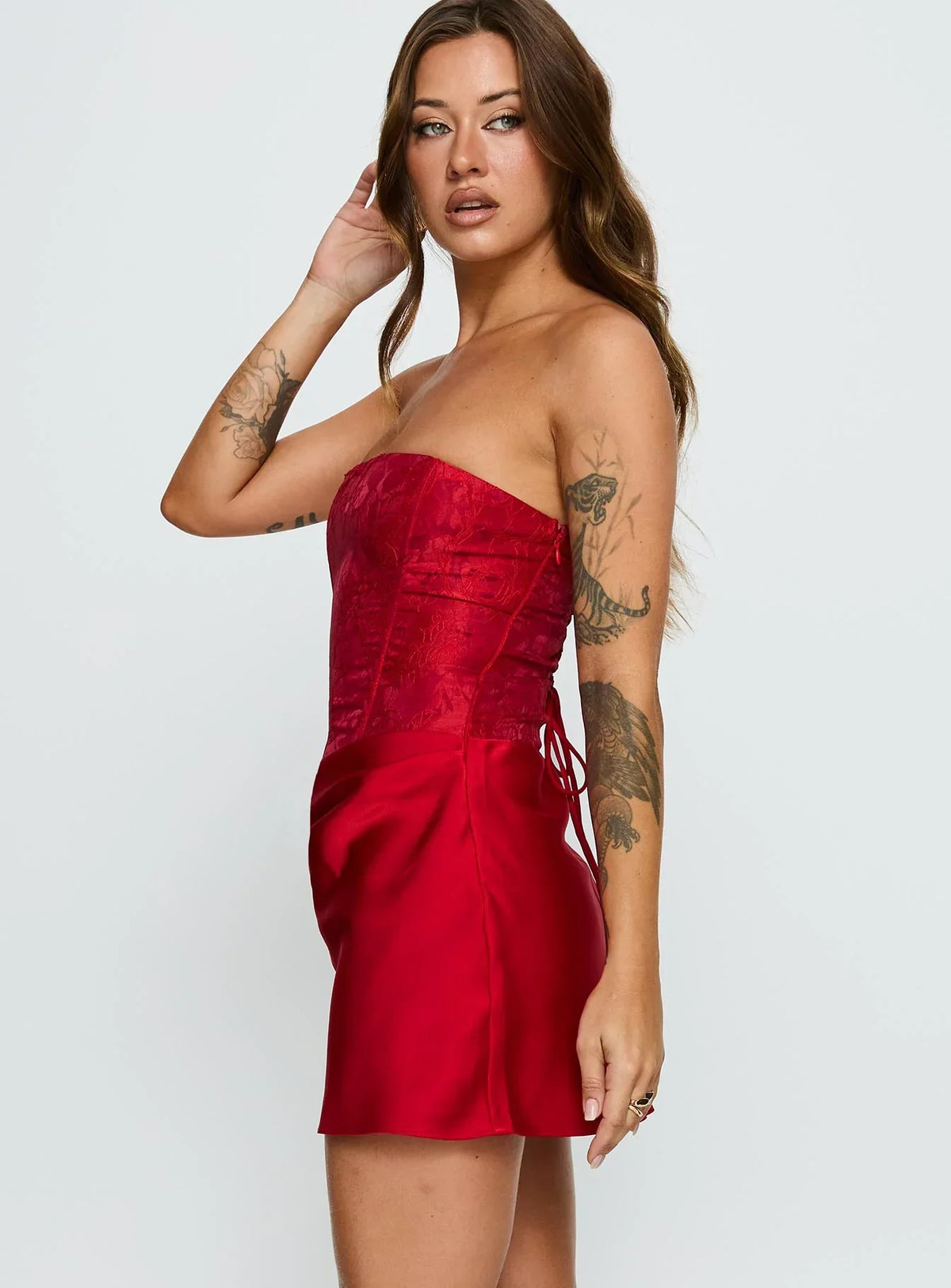 Jenevieve Strapless Drape Mini Dress Red