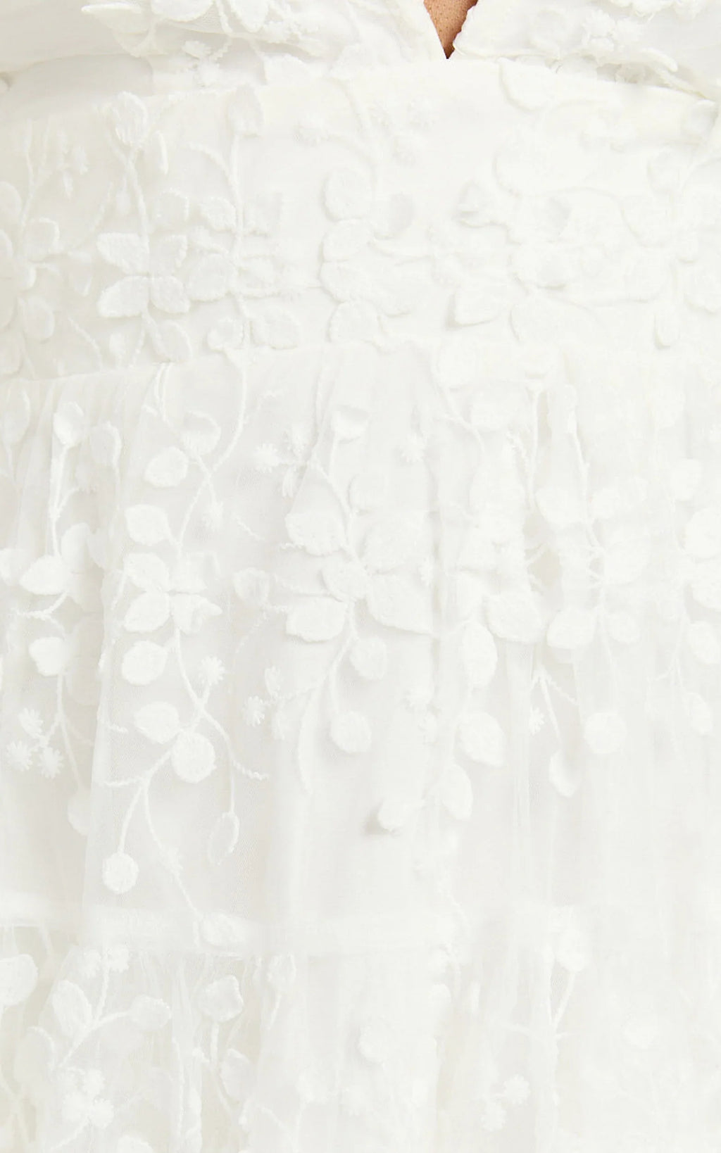 Pamela Mini Dress - Embroidered Plunge Tiered Dress in White