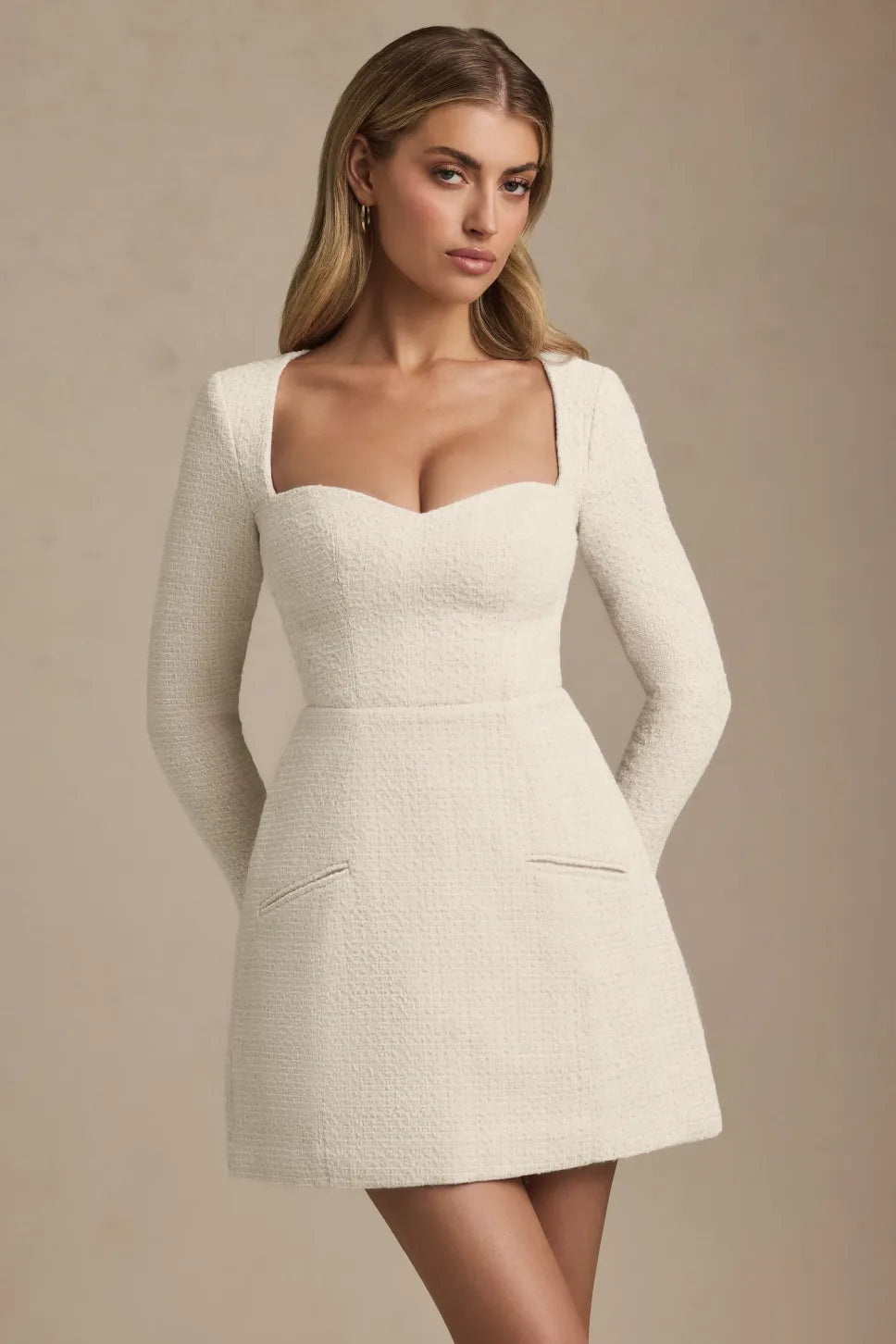Sweetheart-Neck Structured Mini Dress in Ivory