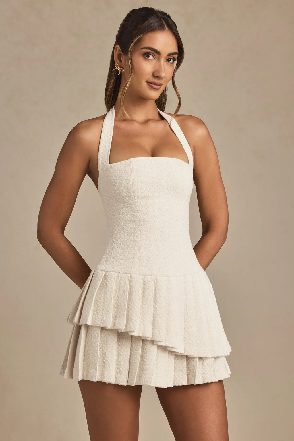 Asymmetric Layered Halterneck Mini Dress in Ivory