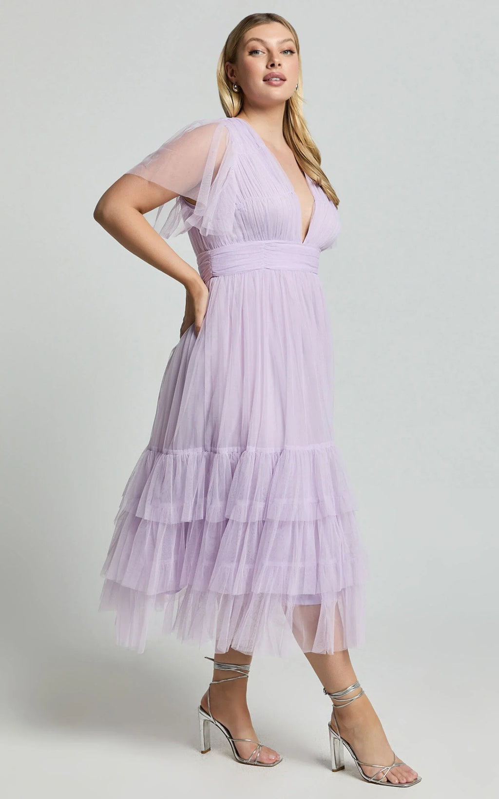 Jiraye Midi Dress - Flutter Sleeve Tuelle Plunge Dress in Lilac