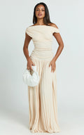 Yvonne Maxi Dress - Jersey Tip Shoulder Ruched Dress in Off White