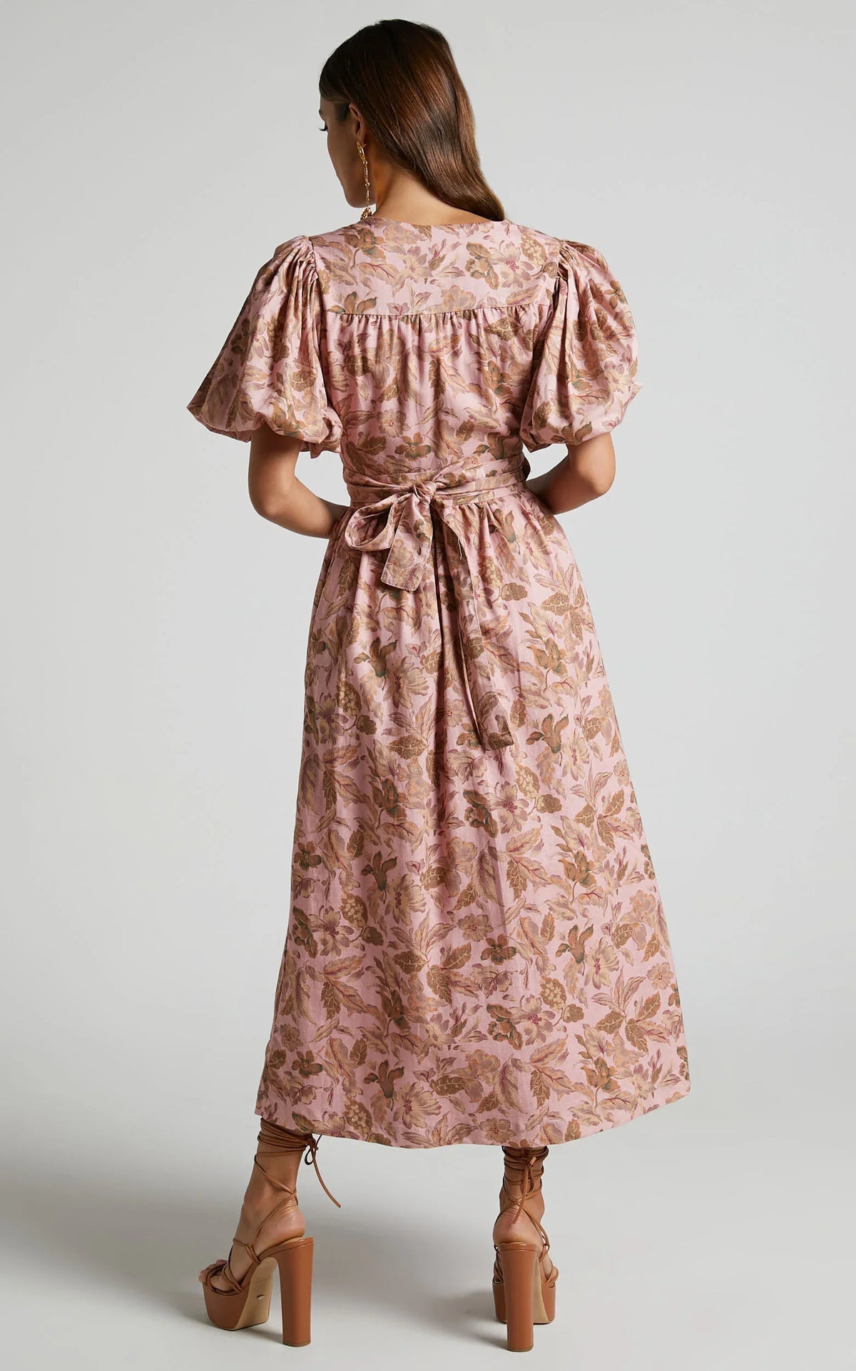 Amalie The Label - Franc Linen Puff Sleeve Wrap Midi Linen Dress in Vahala Print