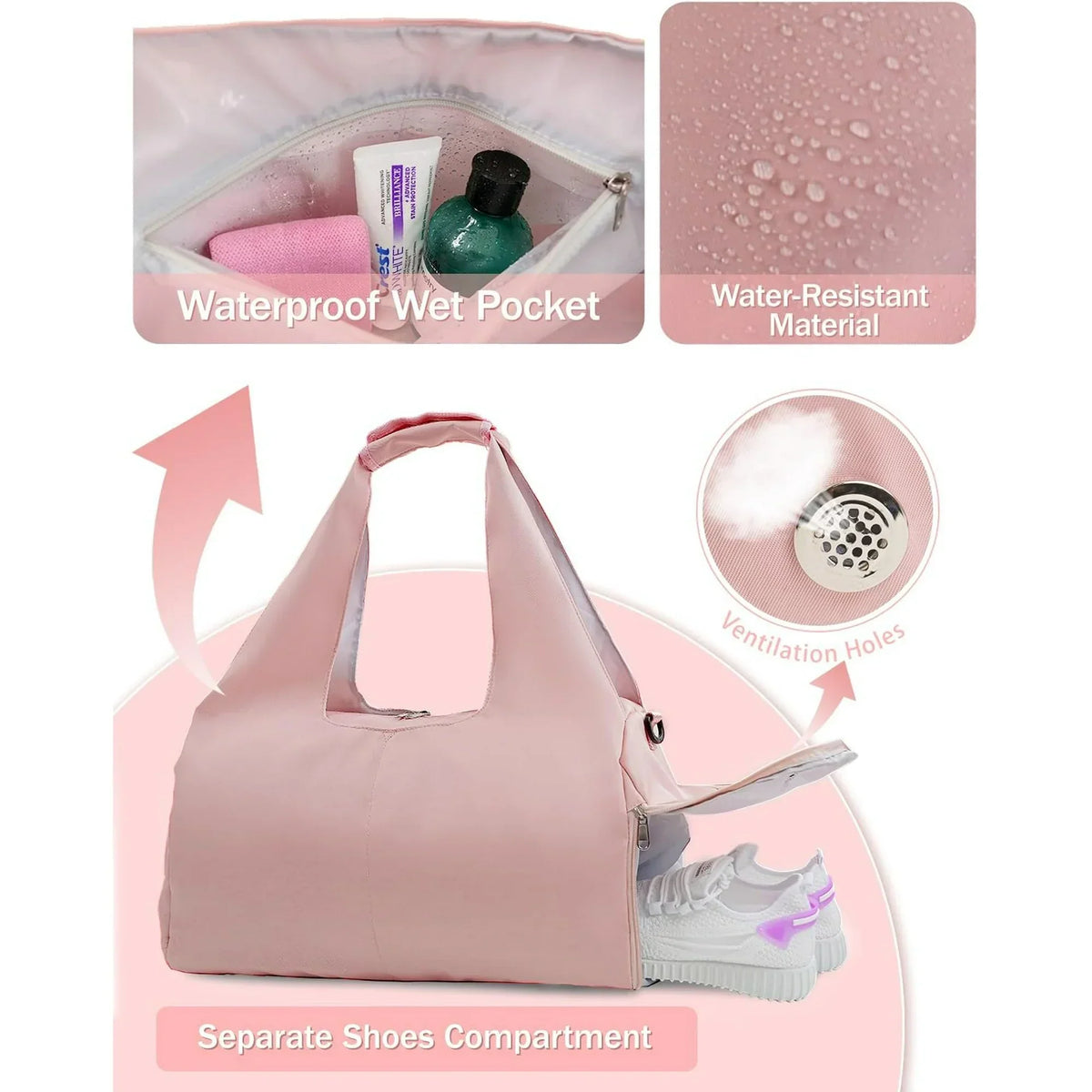 Gym Bag for Women with Shoe Compartment Yoga Mat Bag with Wet Pocket and Water Bottle Holder Weekender Bag with Shoulder Strap, Gray