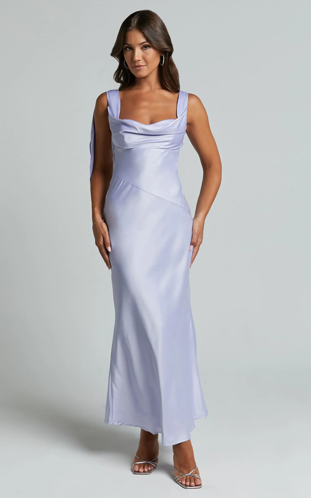 Cecilia Midi Dress - Cowl Neck Satin Bias Cut Dress in Lilac