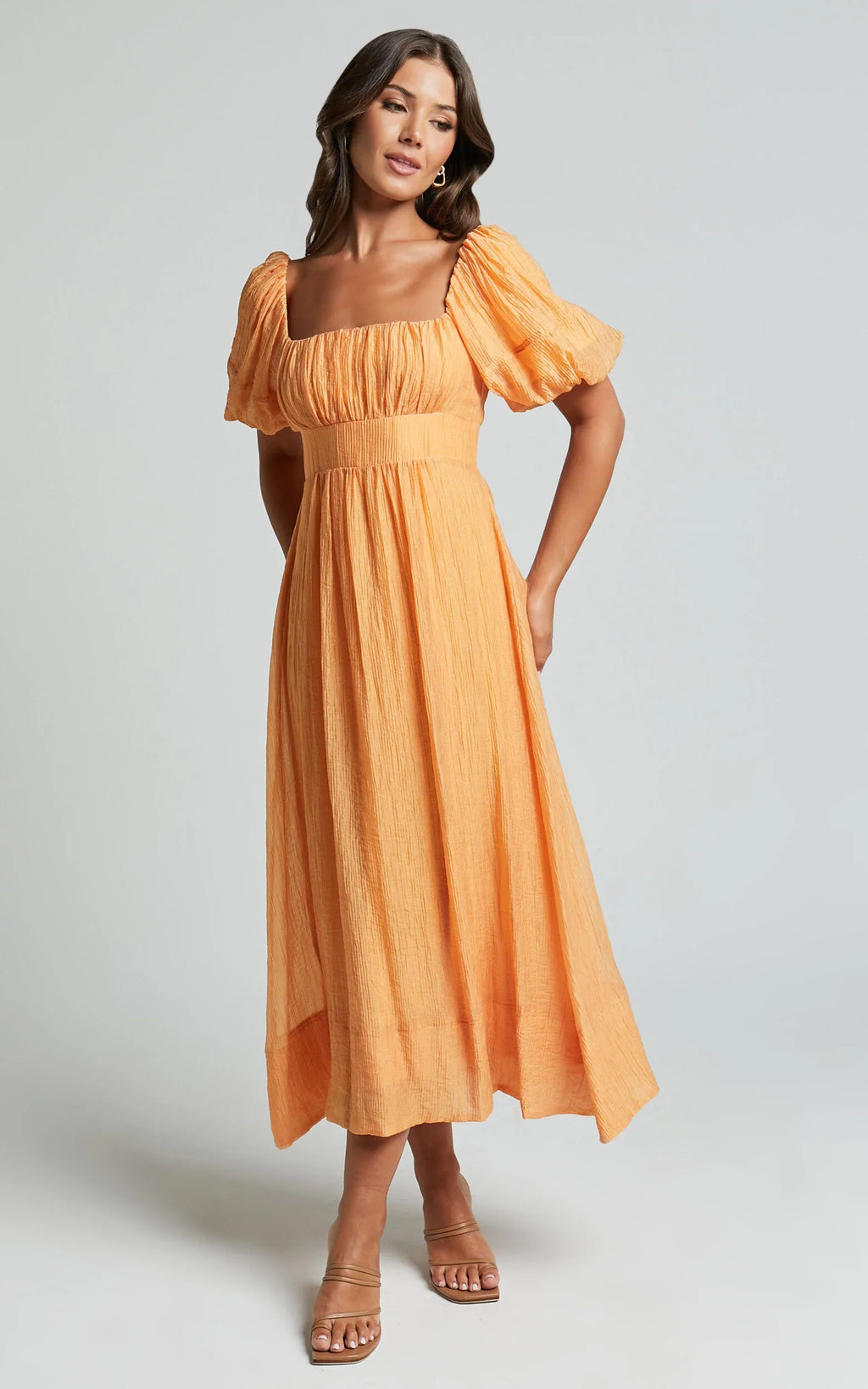 Roshina Midi Dress - Straight Neck Puff Sleeve Dress in Orange