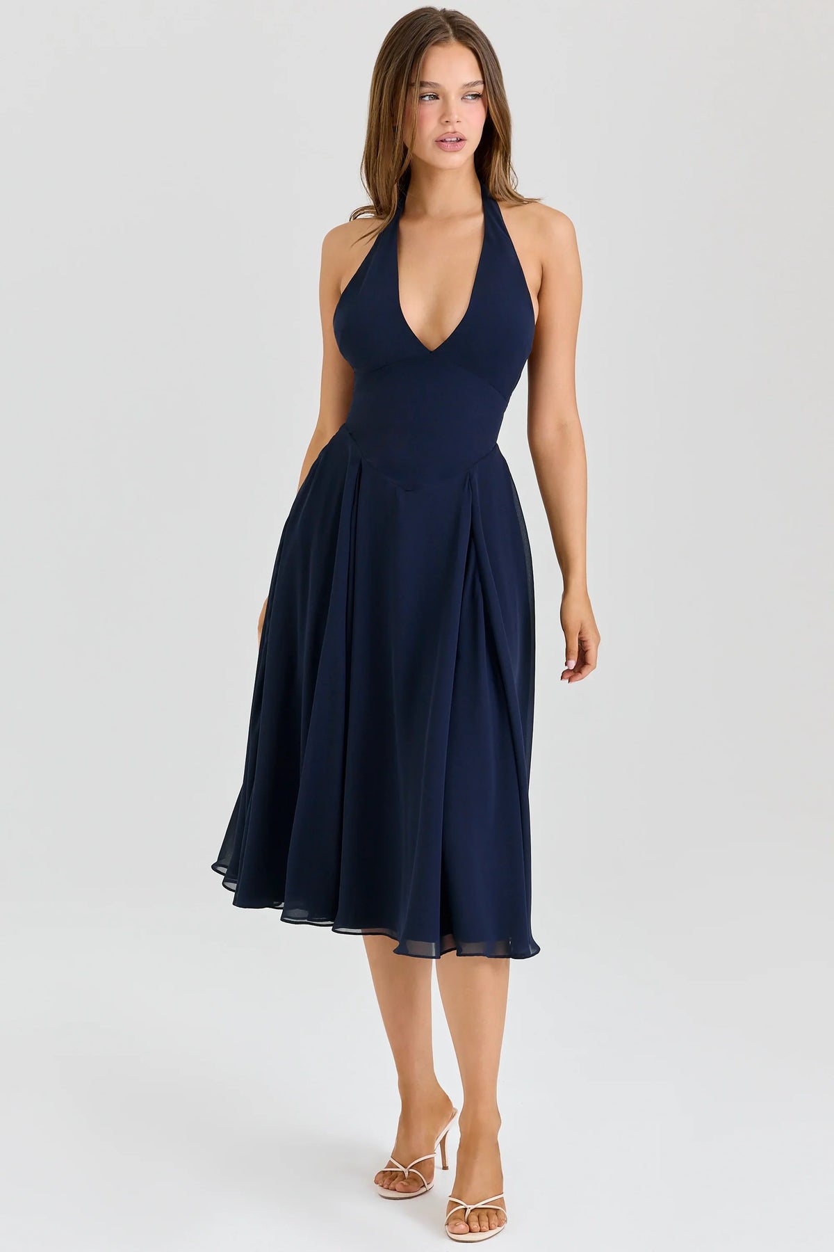 Solada Navy Georgette Halter Midi Dress