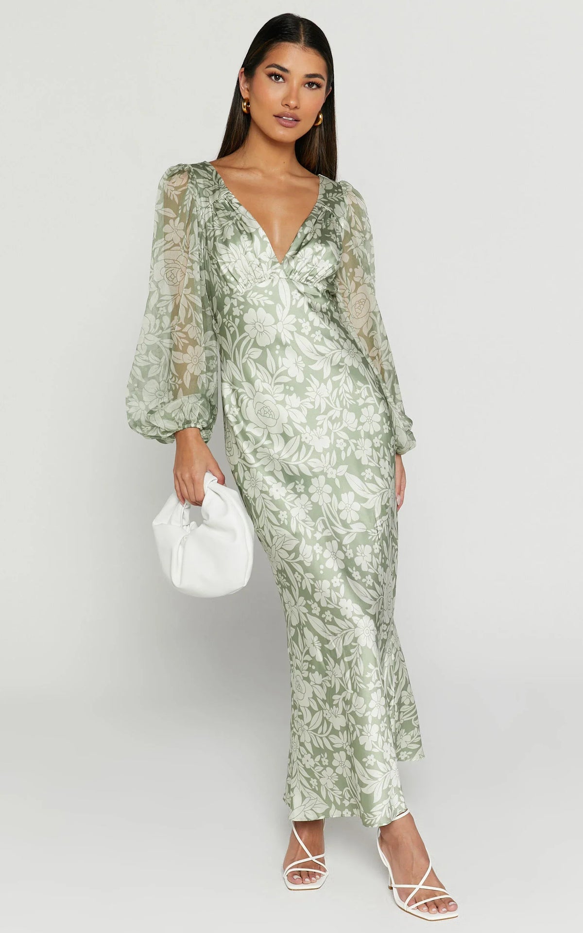 Freollyn Midi Dress - Deep V Neck Long Sleeve Dress in Sage