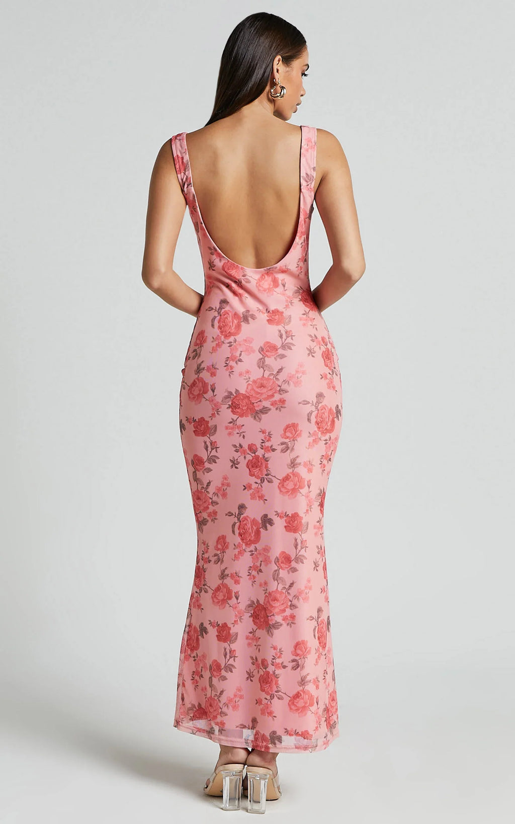 Nadine Maxi Dress - Cowl Neck Low Back Mesh Slip Dress in Pink Floral
