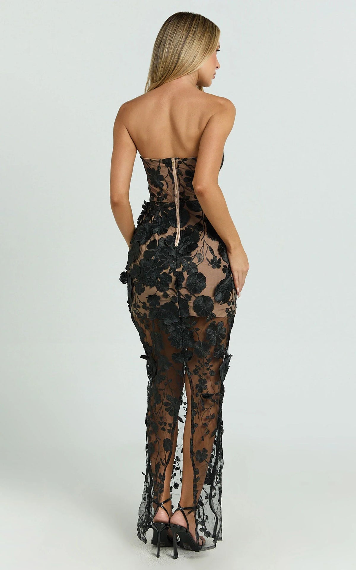 Sienna Maxi Dress - 3D Floral Strapless Column Dress in Black