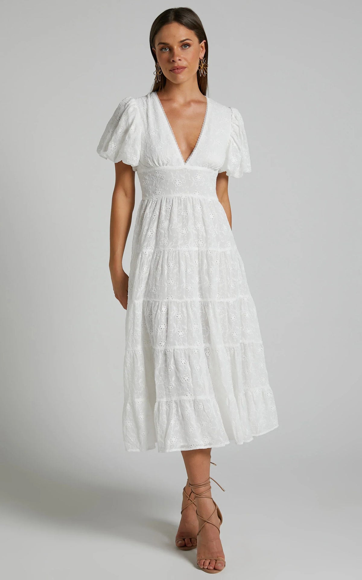 Divora Midi Dress - Plunge Balloon Sleeve Tiered Dress in Ivory