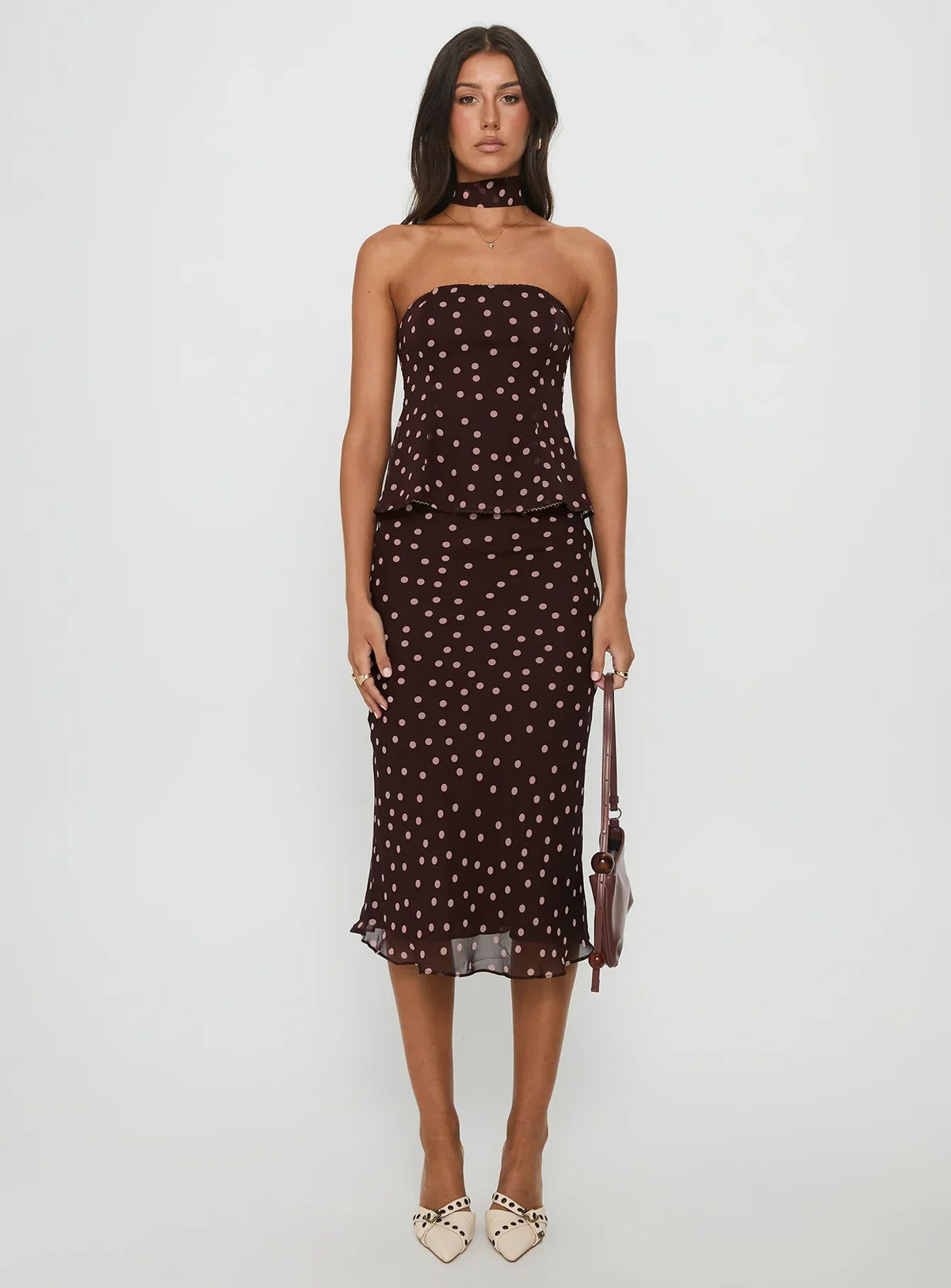 Sydni Midi Bias Cut Skirt Chocolate / Pink Polka