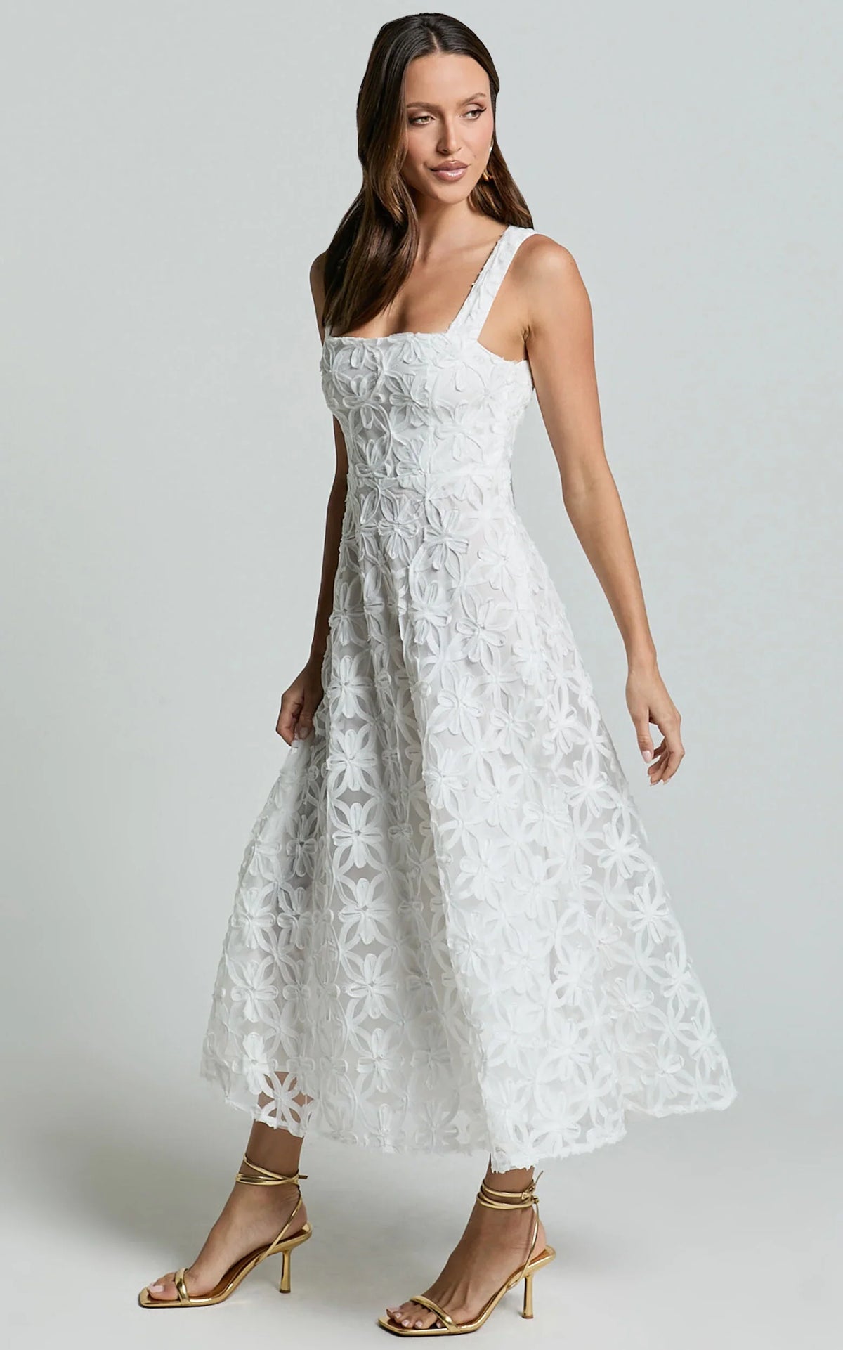 Clarissa Midi Dress - Square Neck Open Back A Line Dress in White