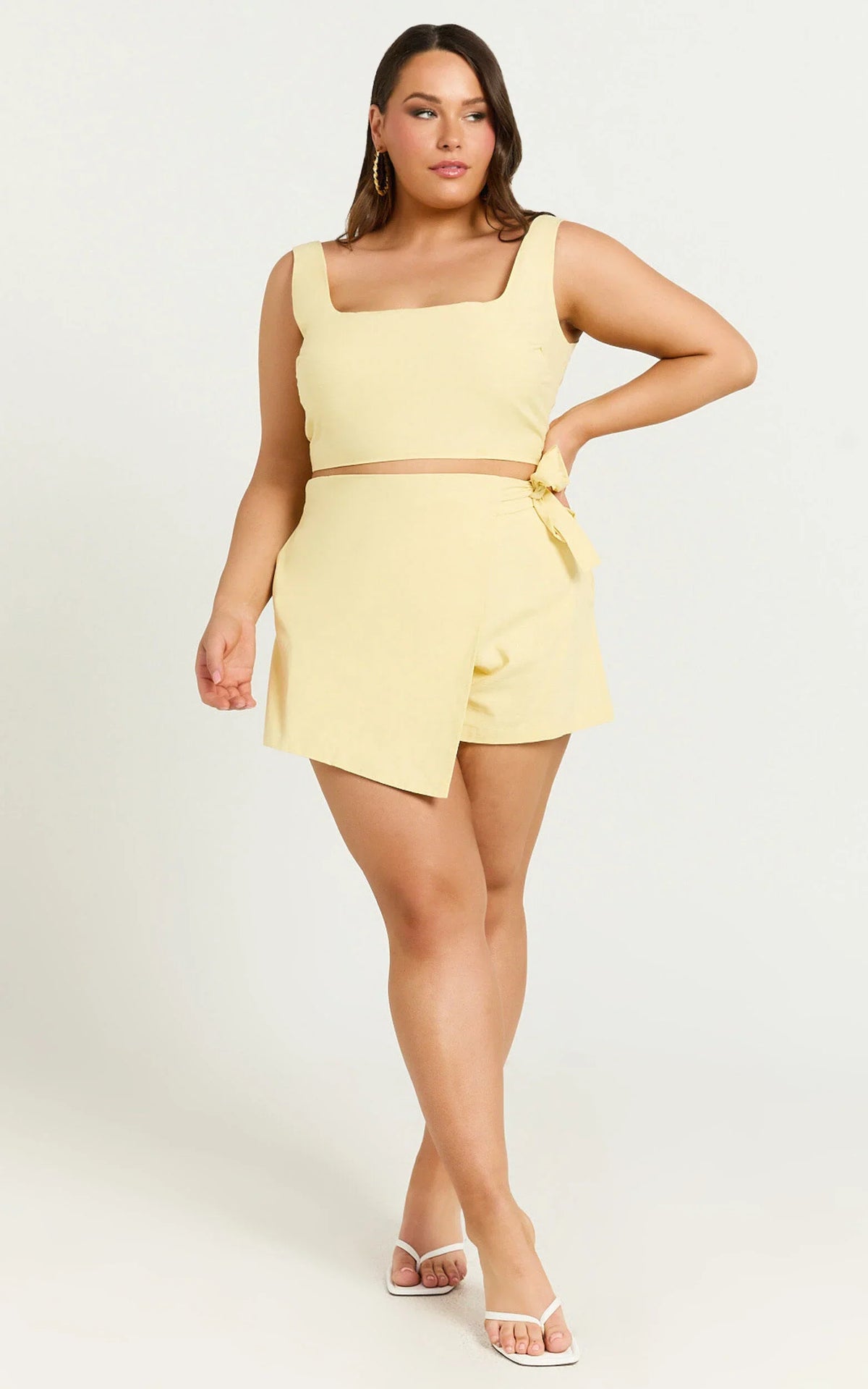 Polina Two Piece Set - Linen Square Neck Crop Top and Tie Waist Skort Set in Lemon